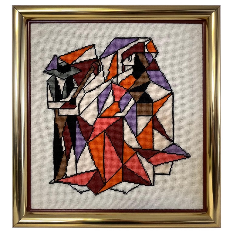 Tenture Needlepoint/tapestry Vintage Brodée Main - 100% Laine, Noir Multicolore, Motif Fruits, Occasion