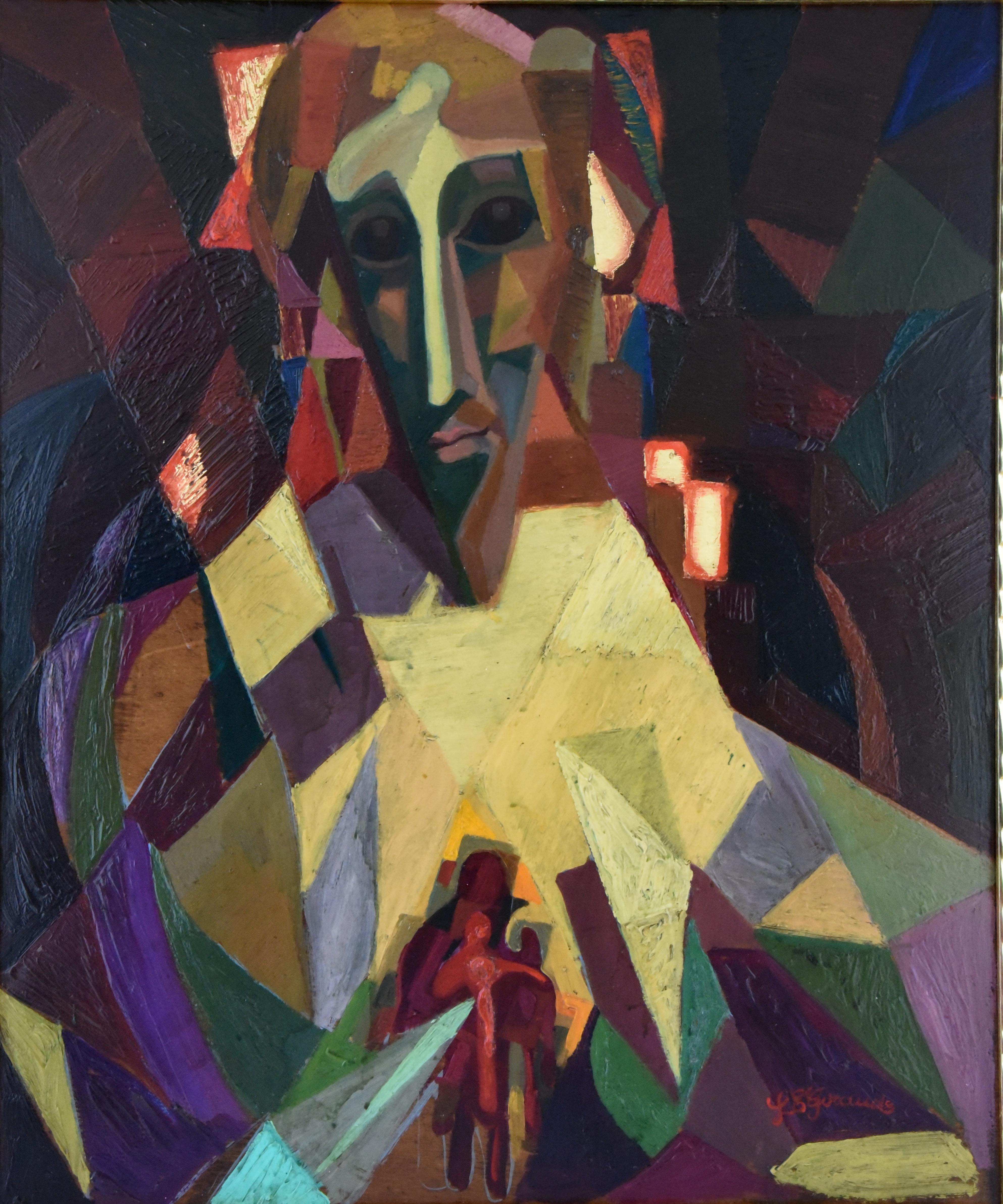 Midcentury Cubist portrait by the French artist Louis Giraud, signed and dated 1950 in a gold leaf frame. The colorful work has golden details and is painted on a wooden panel.
Size of the frame:
H. 61.5 cm x L. 52.5 cm. x W. 2.2 cm.
H. 24.2 inch