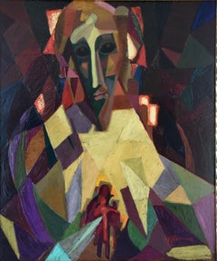 Óleo cubista de mediados de siglo Retrato Louis Giraud Francia  1950