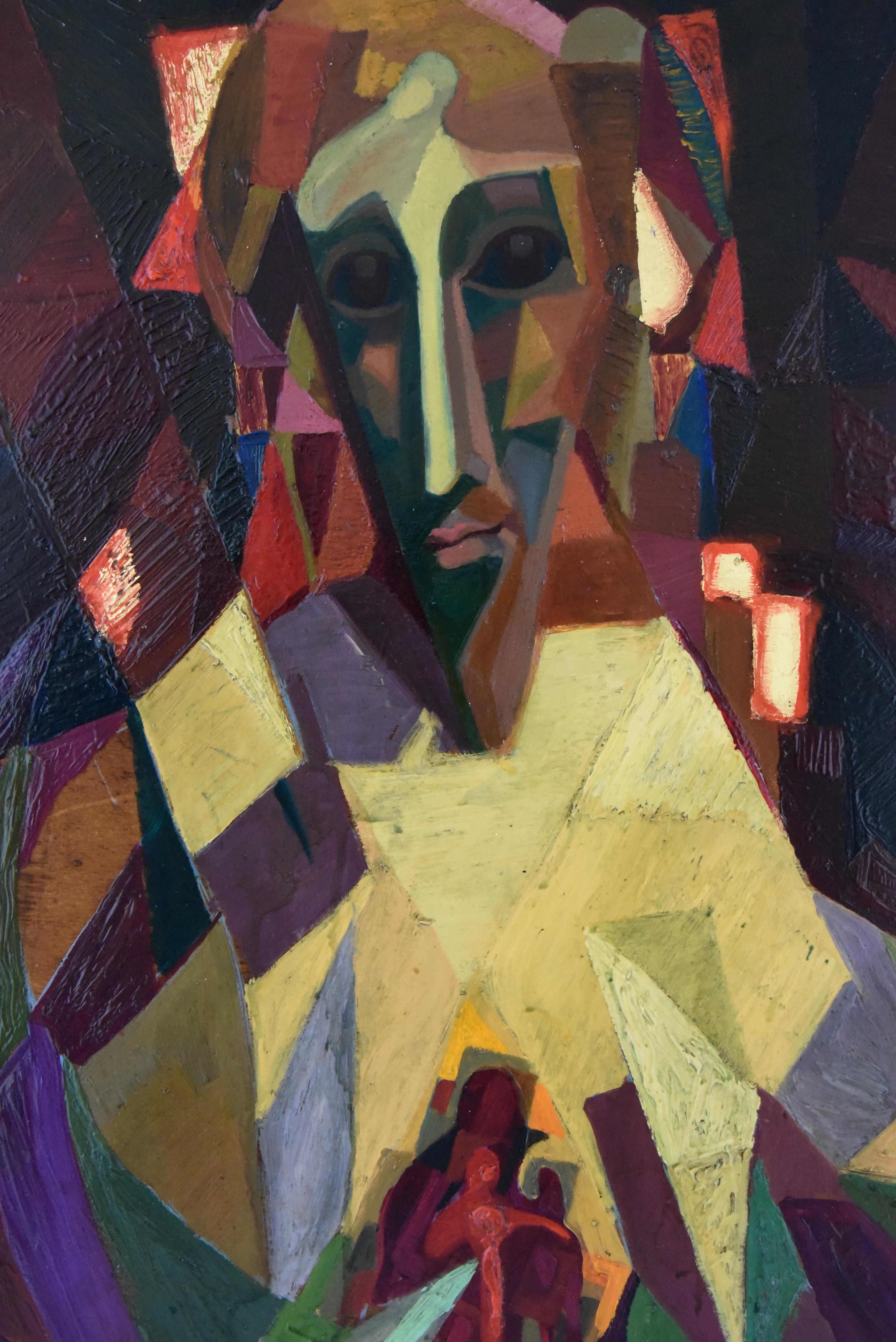 Mid-Century Modern Midcentury Cubist Oil Painting Portrait Louis Giraud France  1950