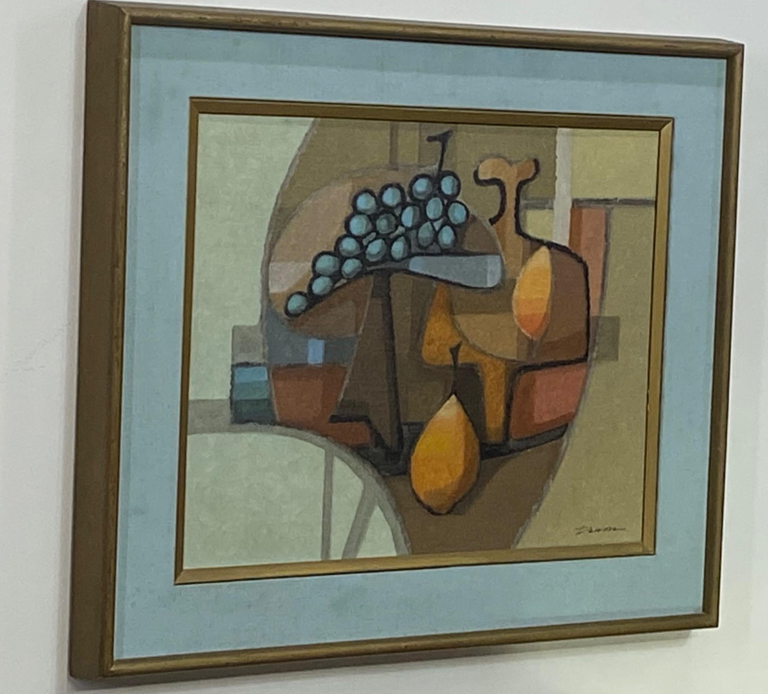 Cubist style still life oil painting, signed Duval in lower right corner.
Oil on canvas with original linen matting and frame.
California / Bay Area artist.
Mid Century 1950's.
 