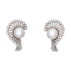 Mid Century Cultured Pearl Diamond Earrings Vintage 14k White Gold Clip On Backs