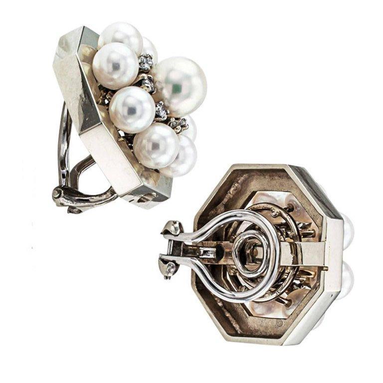 Modern Mid-Century Pearl Diamond White Gold Octagonal Clip On Earrings