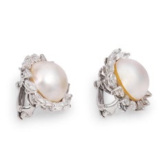 Mid Century cultured pearl diamond platinum earrings