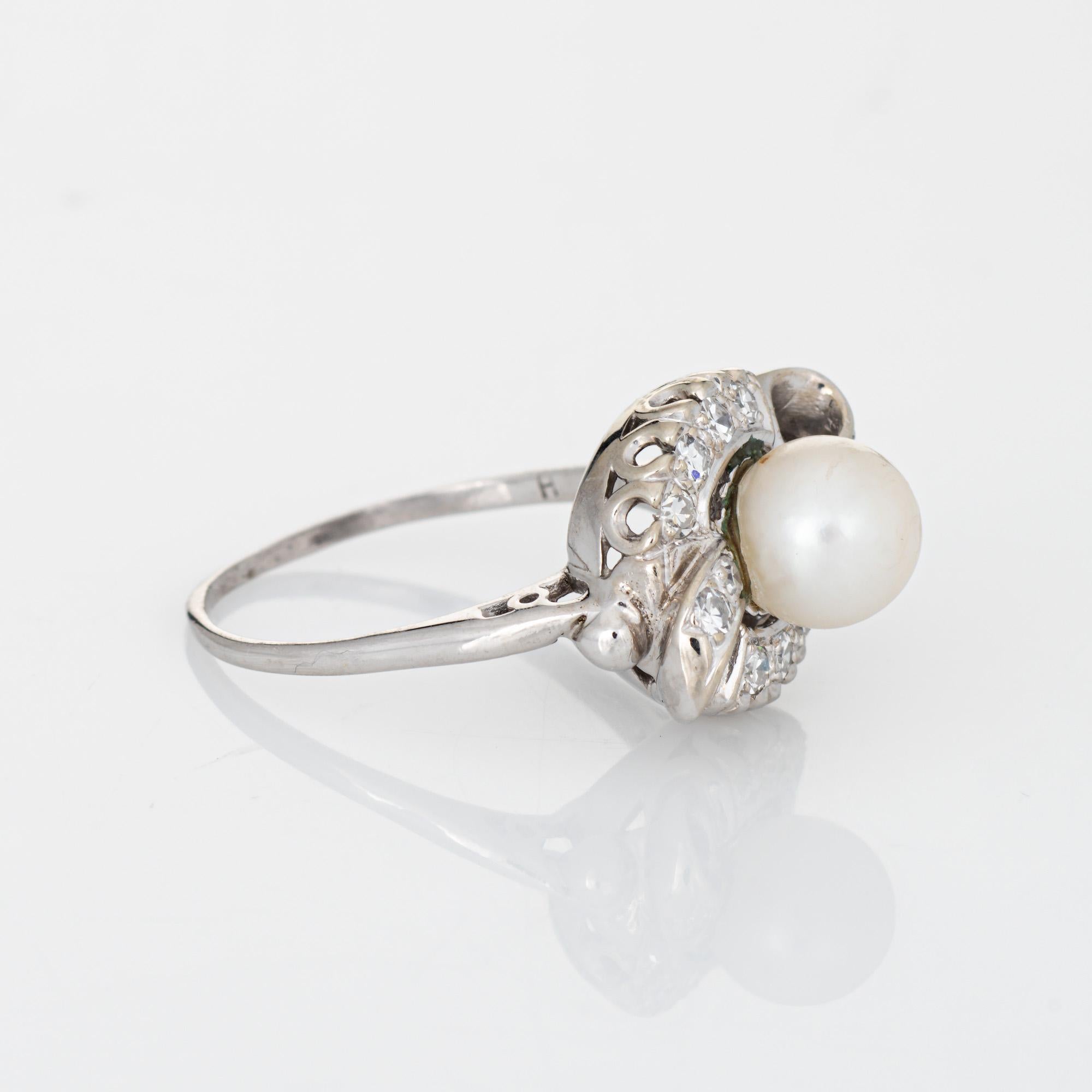 Modern Mid Century Cultured Pearl Diamond Ring 14k White Gold Sz 7.5 Fine Jewelry   For Sale