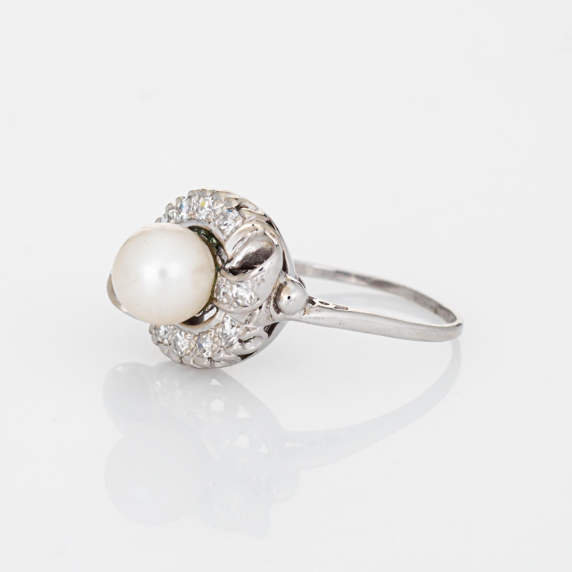 Round Cut Mid Century Cultured Pearl Diamond Ring 14k White Gold Sz 7.5 Fine Jewelry   For Sale