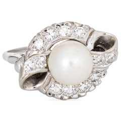 Mid Century Cultured Pearl Diamond Ring 14k White Gold Sz 7.5 Fine Jewelry