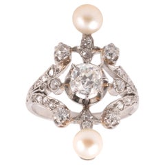 MId Century Cultured Pearl & Old Cut Diamond Ring Circa 1950