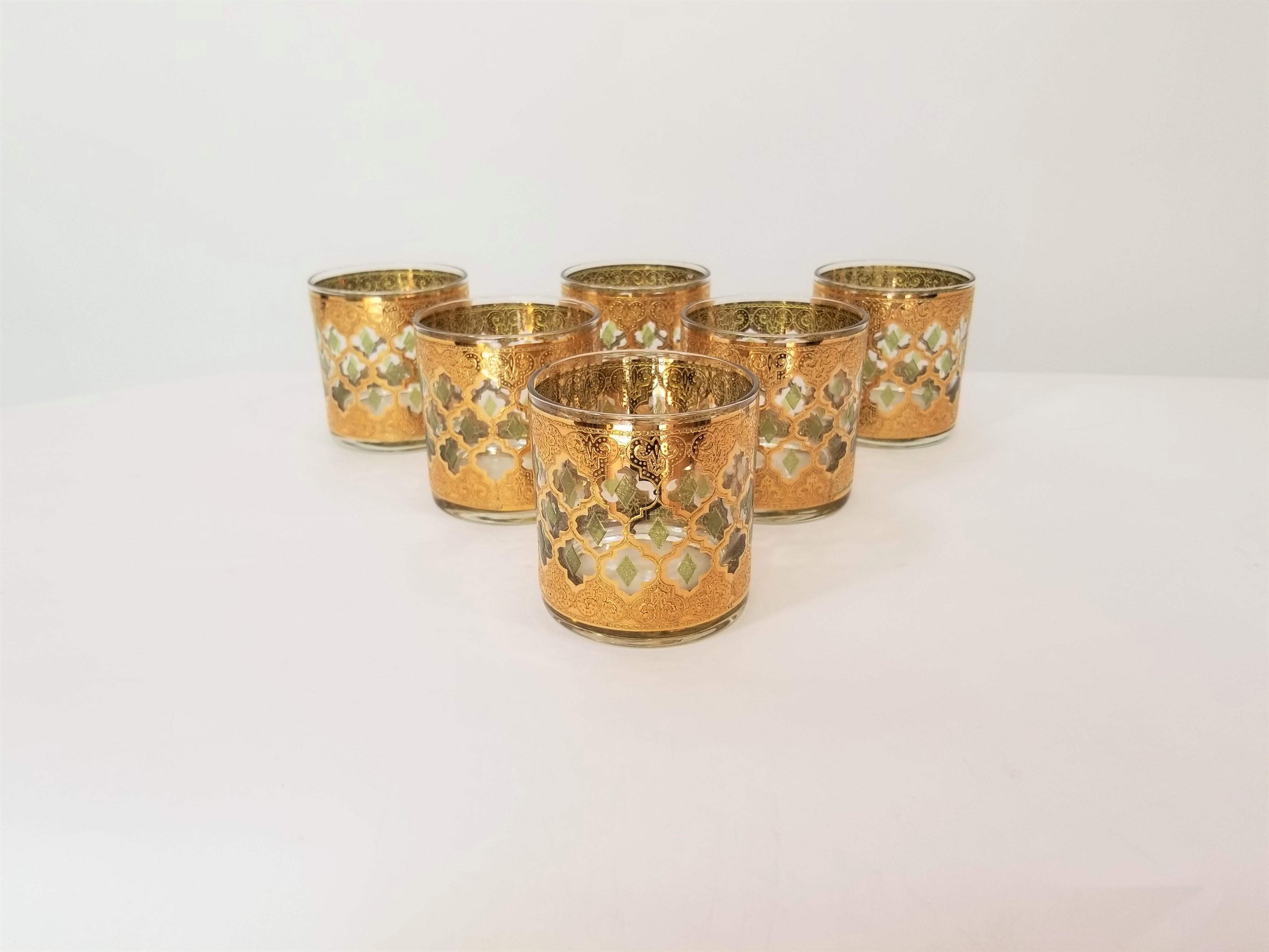 Mid Century 1960s 22k Gold Culver Rocks or Lowball Glasses. Set of six.
Excellent Condition