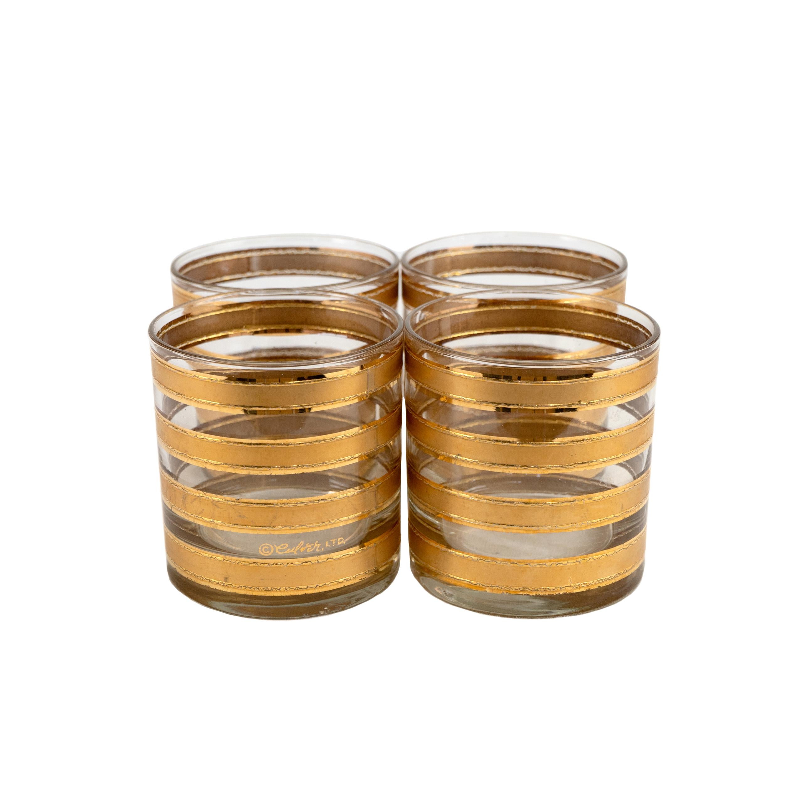 Midcentury Culver 22k Gold Striped Lowball Highball/Water Cocktail Glasses Set 3