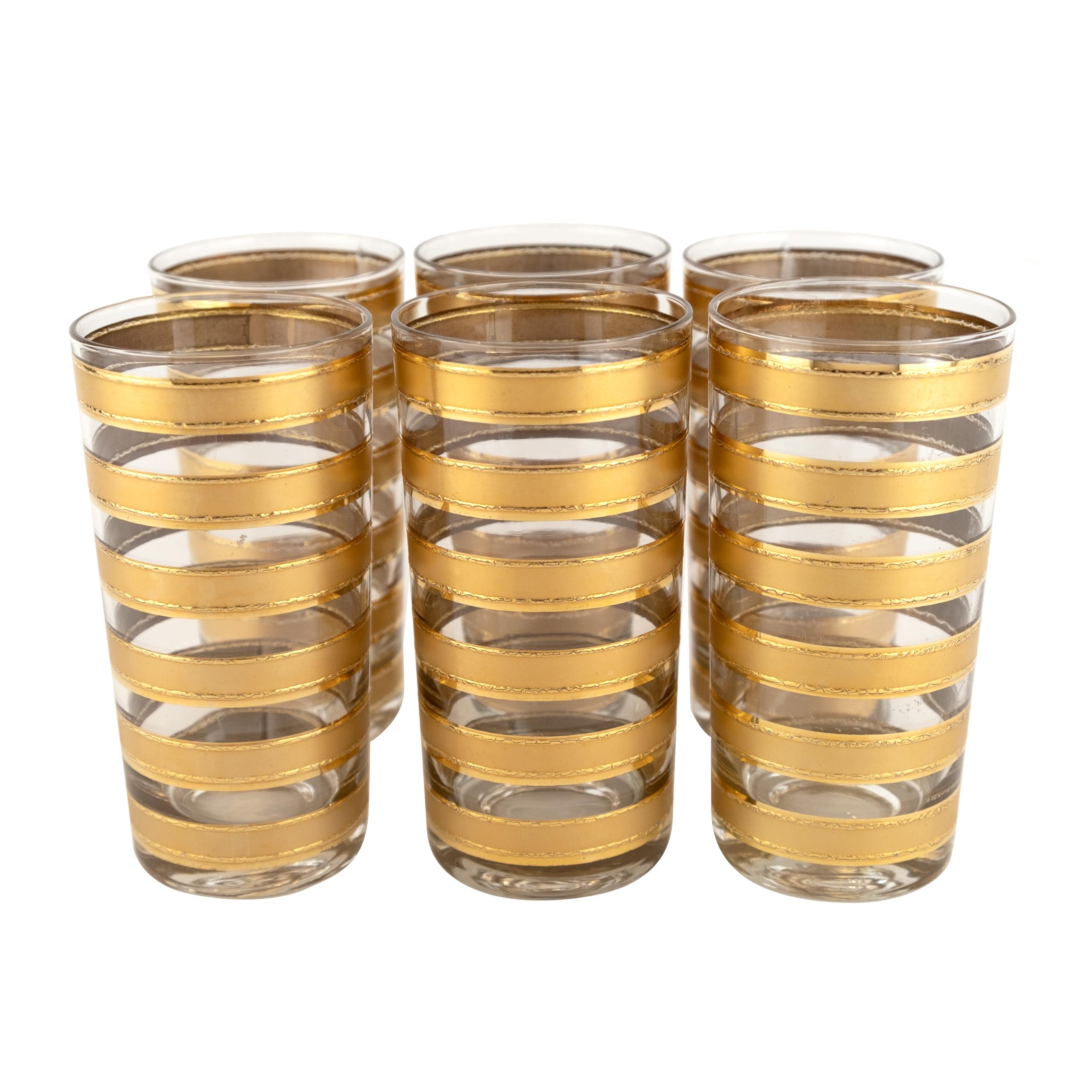 Beautiful Mid-Century Modern Mad Men Culver 22-karat gold striped lowball and highball/water glasses in great shape. Rare to find a large set of this vintage barware. There are 14 glasses. 8 lowballs and 6 water/highballs.