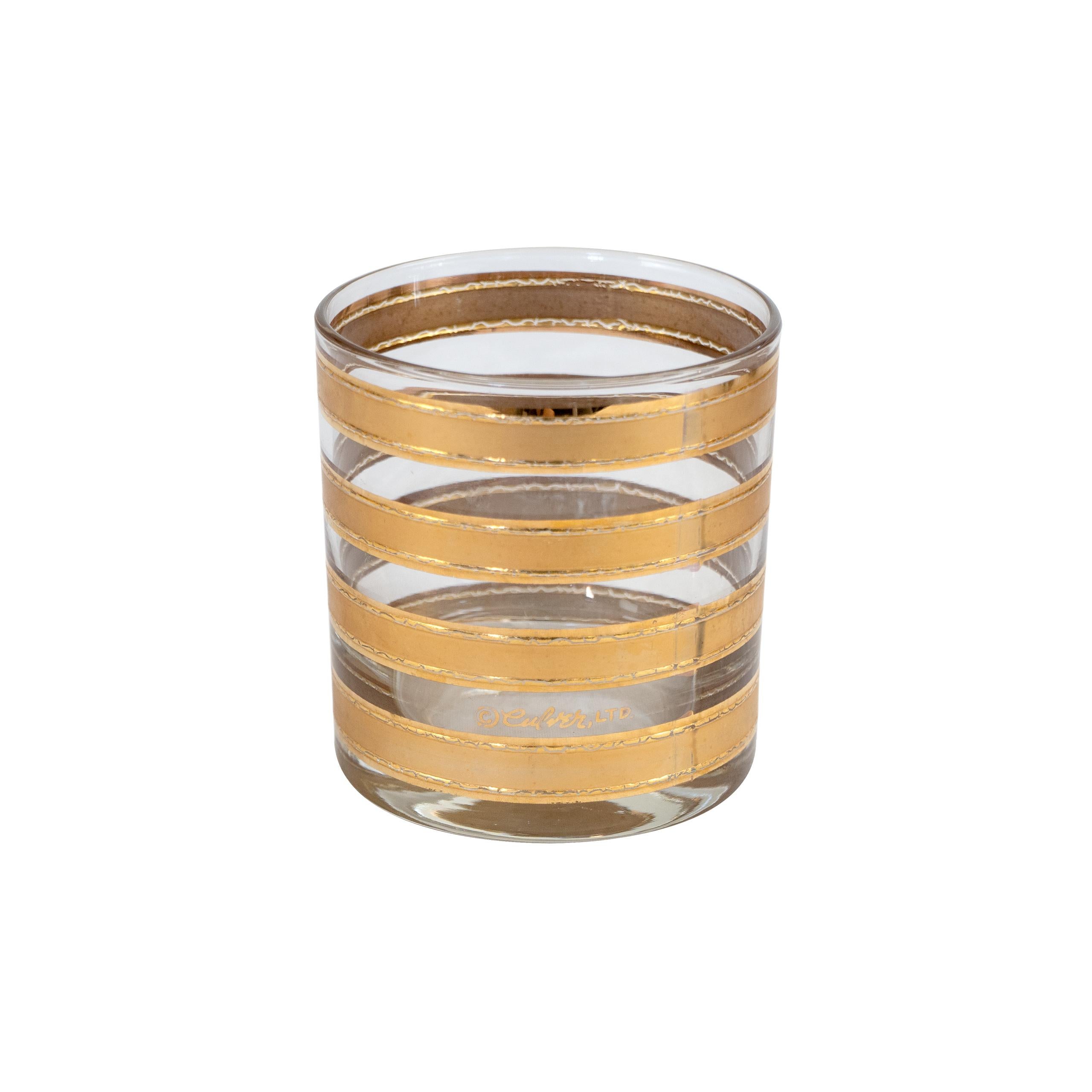 American Midcentury Culver 22k Gold Striped Lowball Highball/Water Cocktail Glasses Set