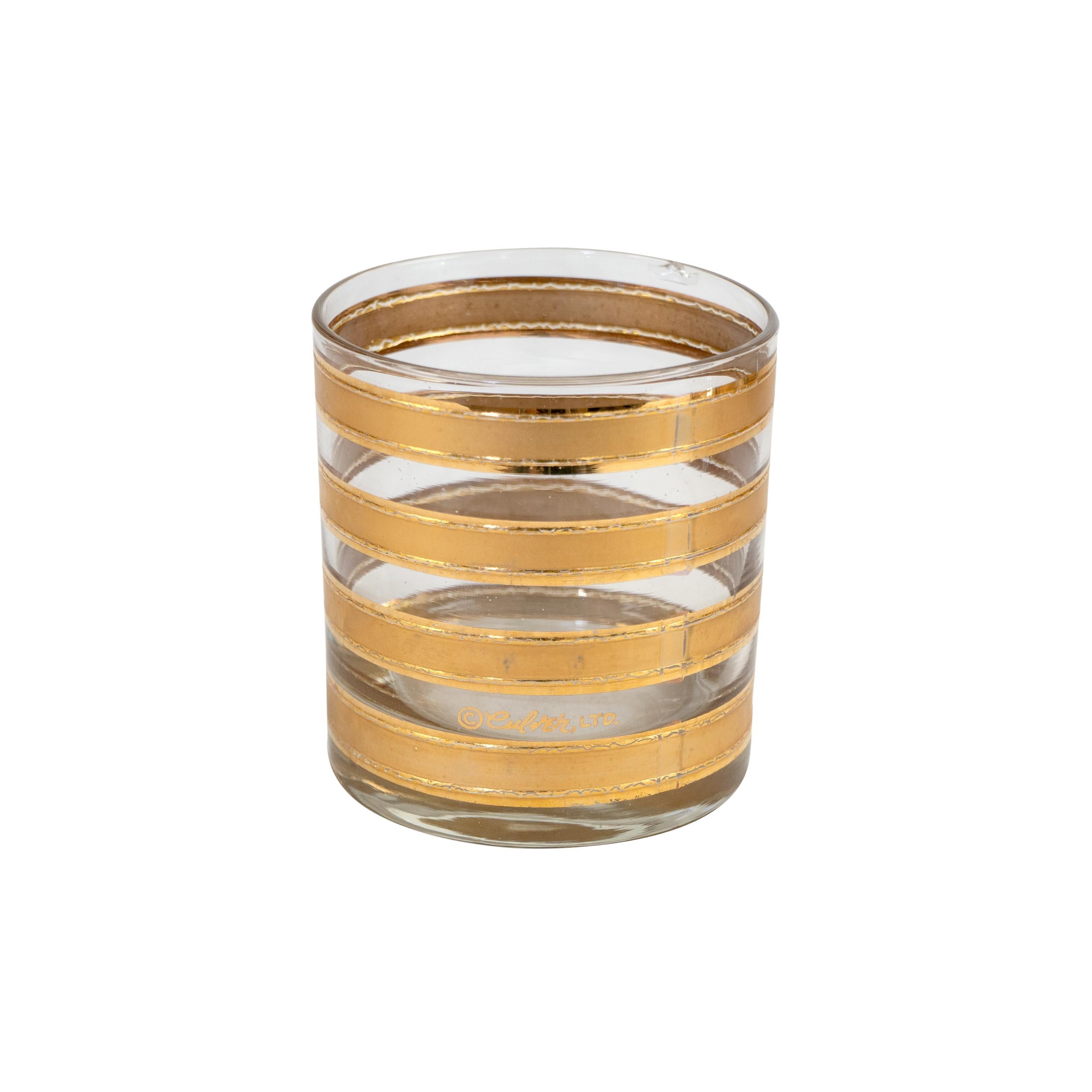 Midcentury Culver 22k Gold Striped Lowball Highball/Water Cocktail Glasses Set In Good Condition In Wichita, KS