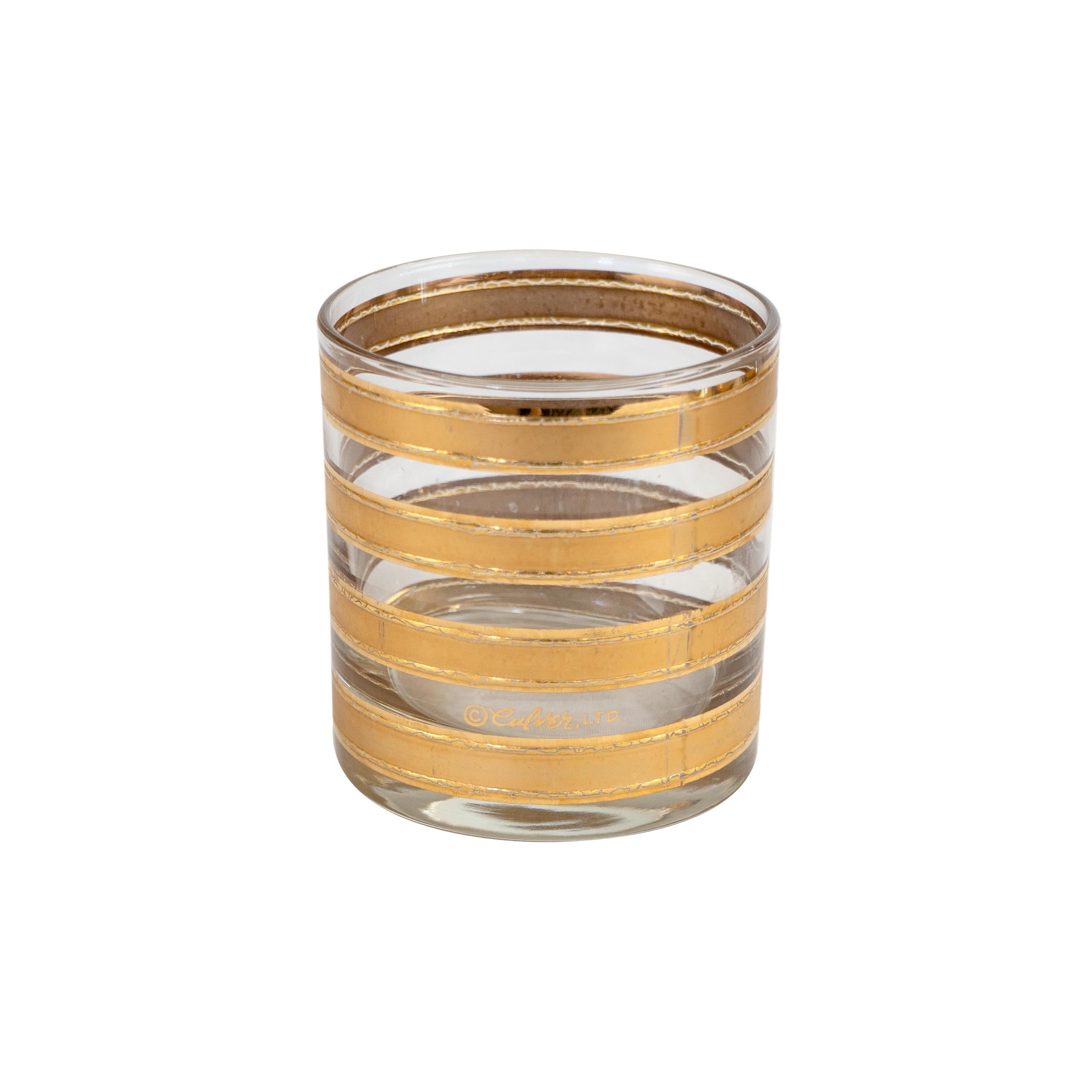 20th Century Midcentury Culver 22k Gold Striped Lowball Highball/Water Cocktail Glasses Set