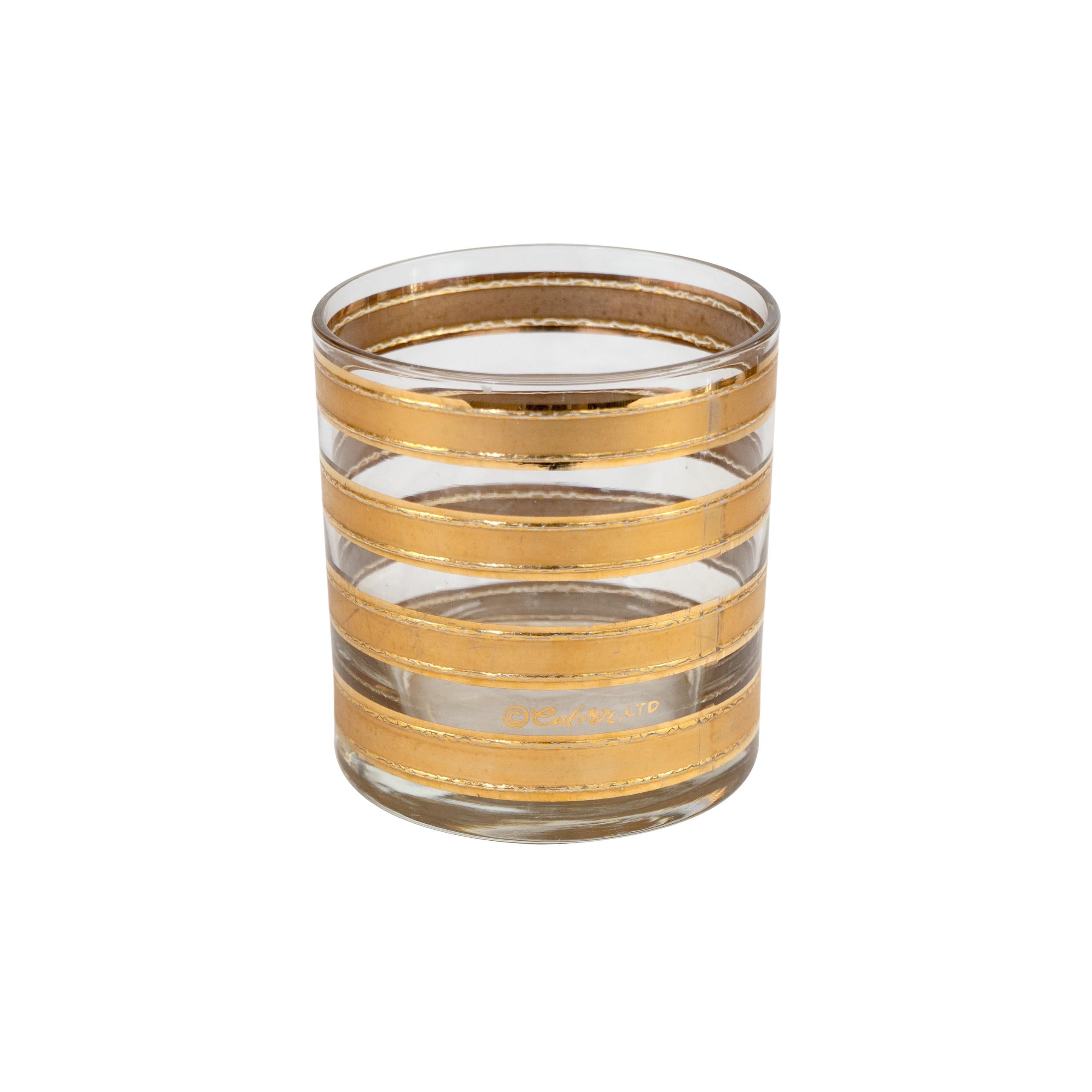 Midcentury Culver 22k Gold Striped Lowball Highball/Water Cocktail Glasses Set 1