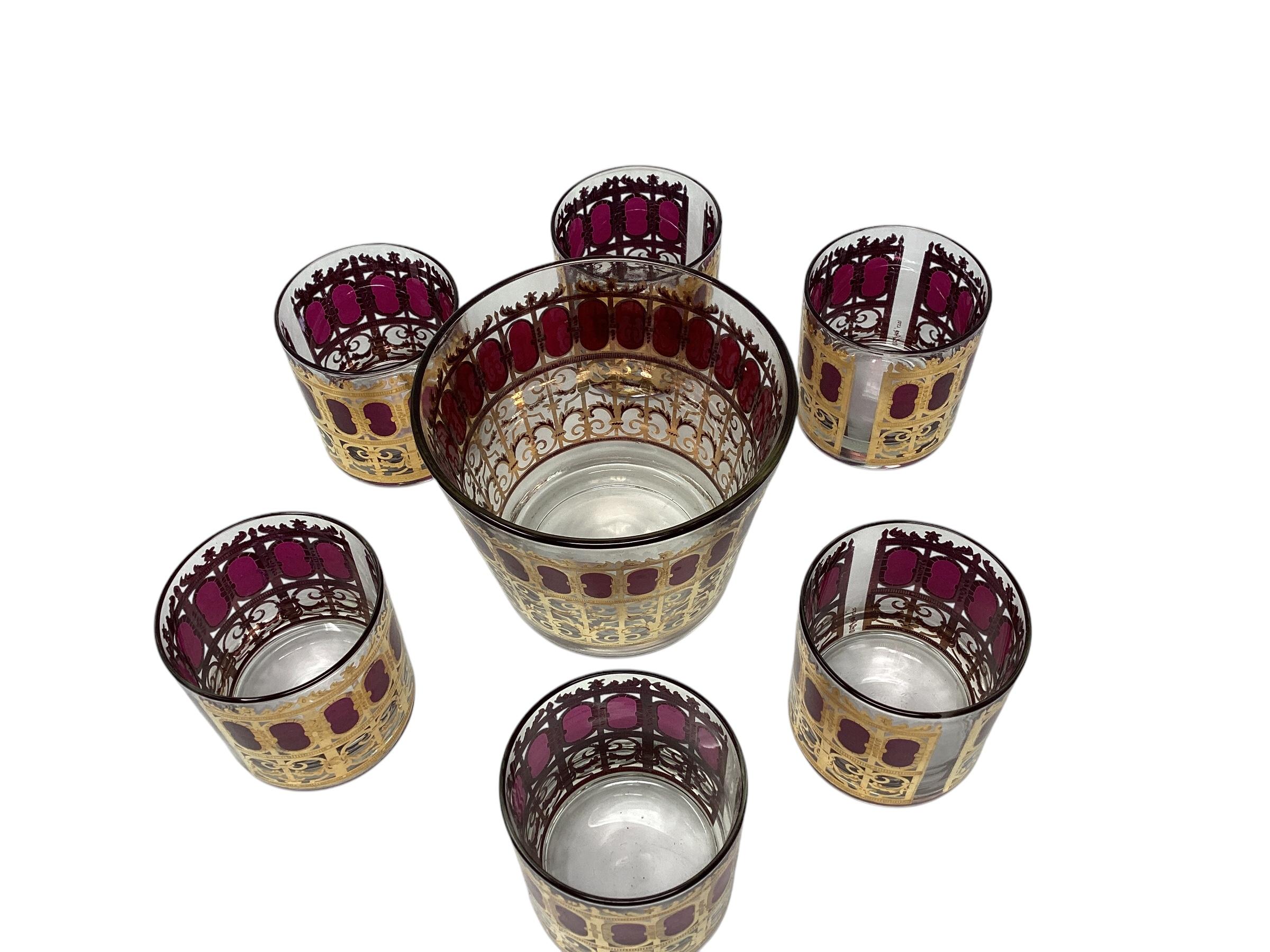 Mid-Century Modern Mid Century Culver Cranberry Scroll Cocktail Set, 6 Rocks Glasses, Ice Bucket For Sale