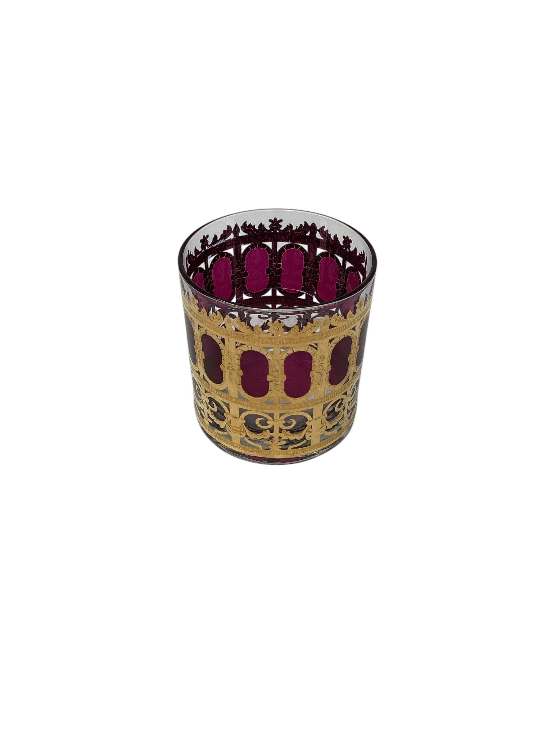 20th Century Mid Century Culver Cranberry Scroll Cocktail Set, 6 Rocks Glasses, Ice Bucket For Sale