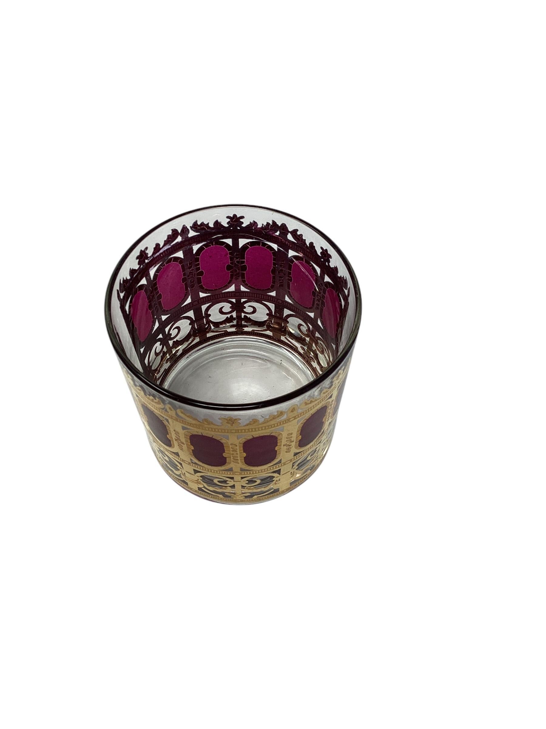 Gold Mid Century Culver Cranberry Scroll Cocktail Set, 6 Rocks Glasses, Ice Bucket For Sale