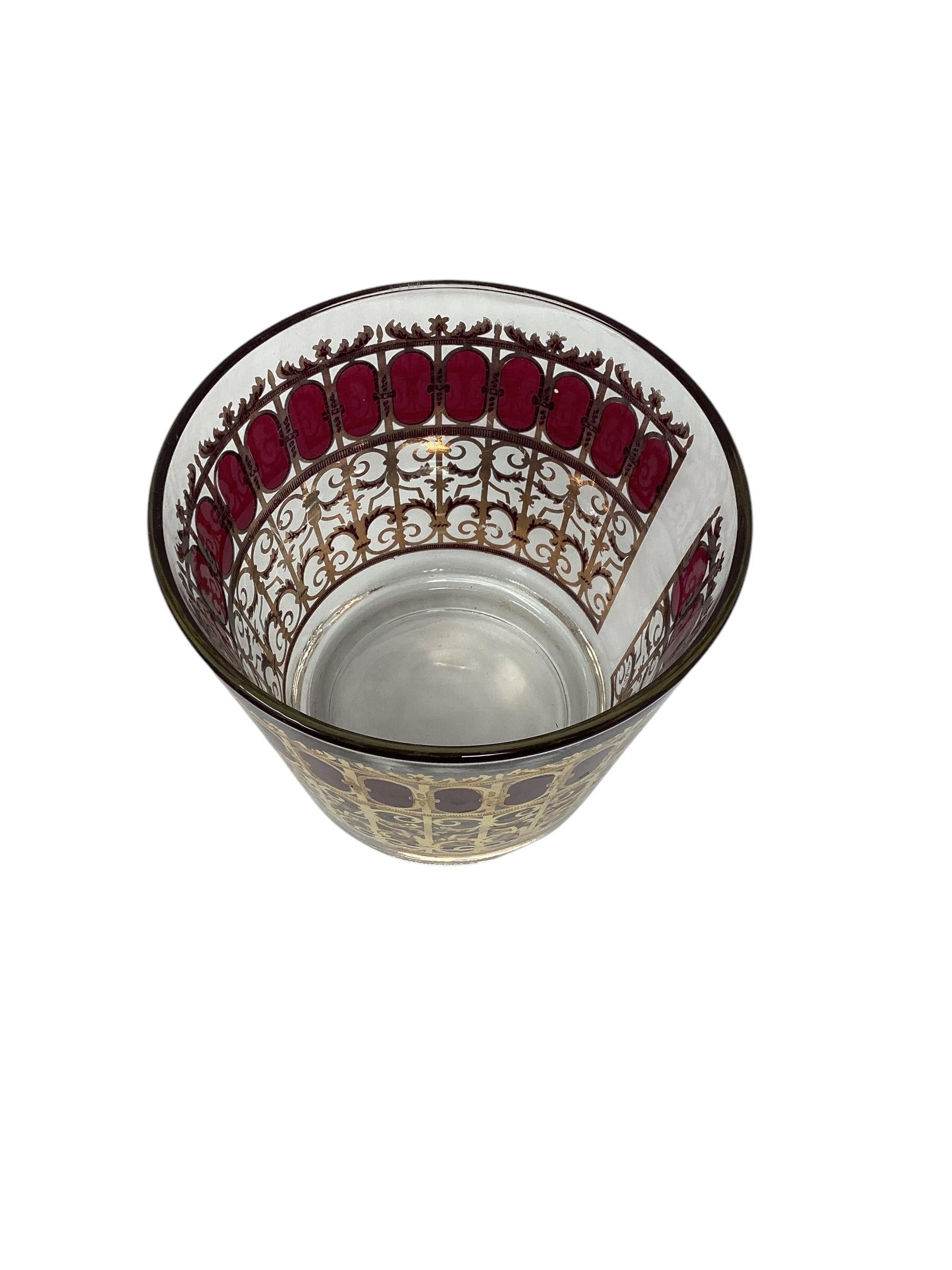 Mid Century Culver Cranberry Scroll Cocktail Set, 6 Rocks Glasses, Ice Bucket For Sale 3