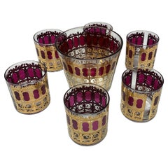 Set da cocktail Mid Century Culver Cranberry Scroll, 6 bicchieri da cocktail e secchiello per il ghiaccio