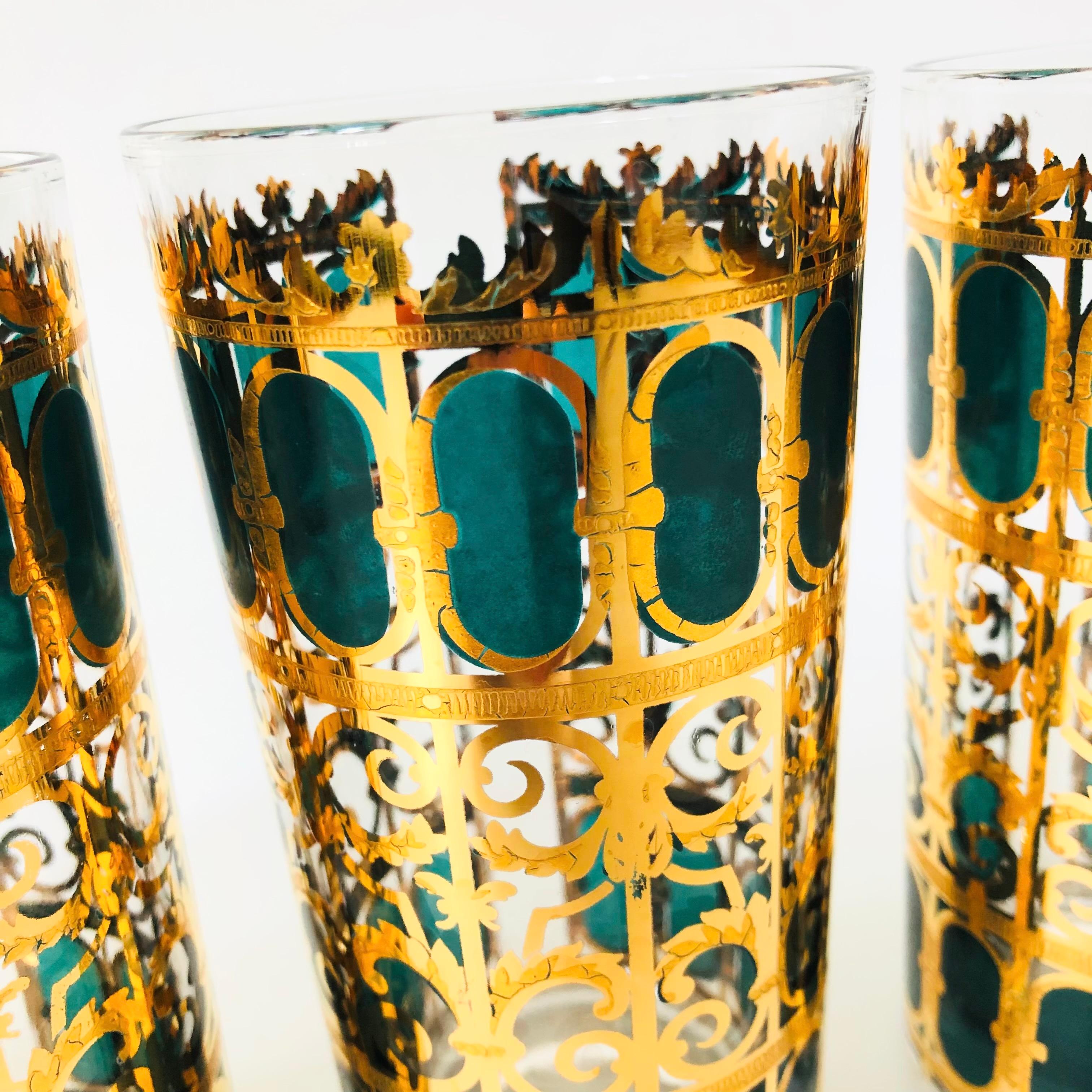 Mid Century Culver Emerald Scroll Highball Tumblers - Set of 4 In Good Condition In Vallejo, CA