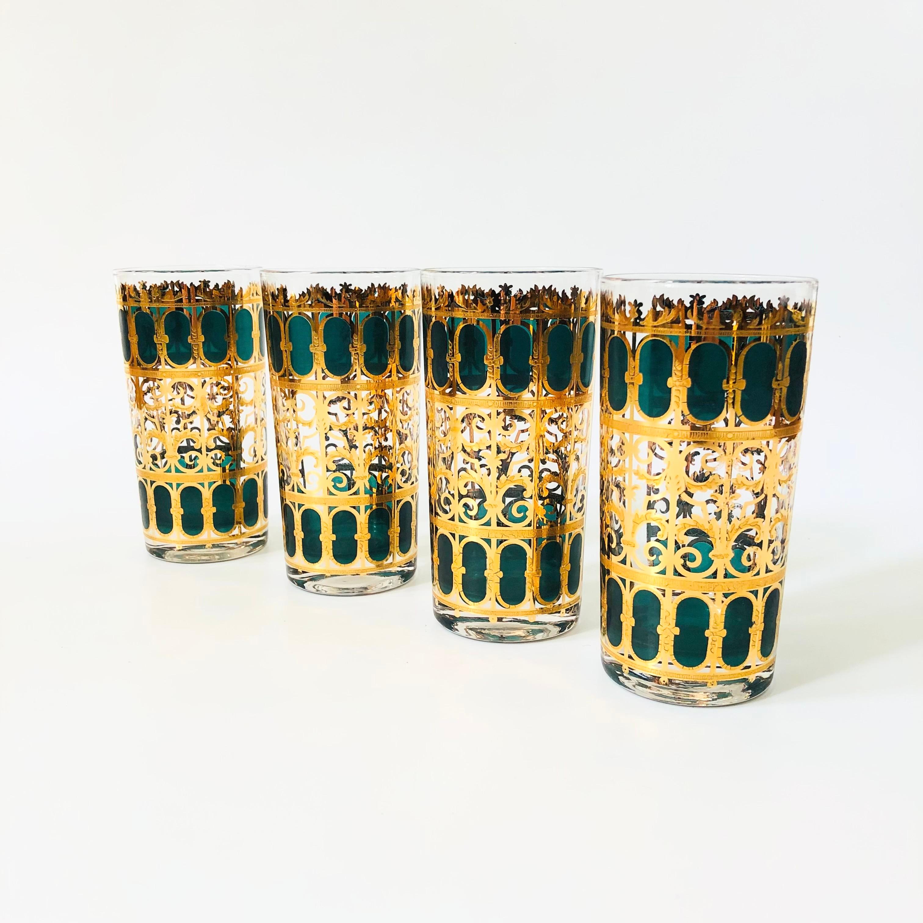 Mid Century Culver Emerald Scroll Highball Tumblers - Set of 4 2