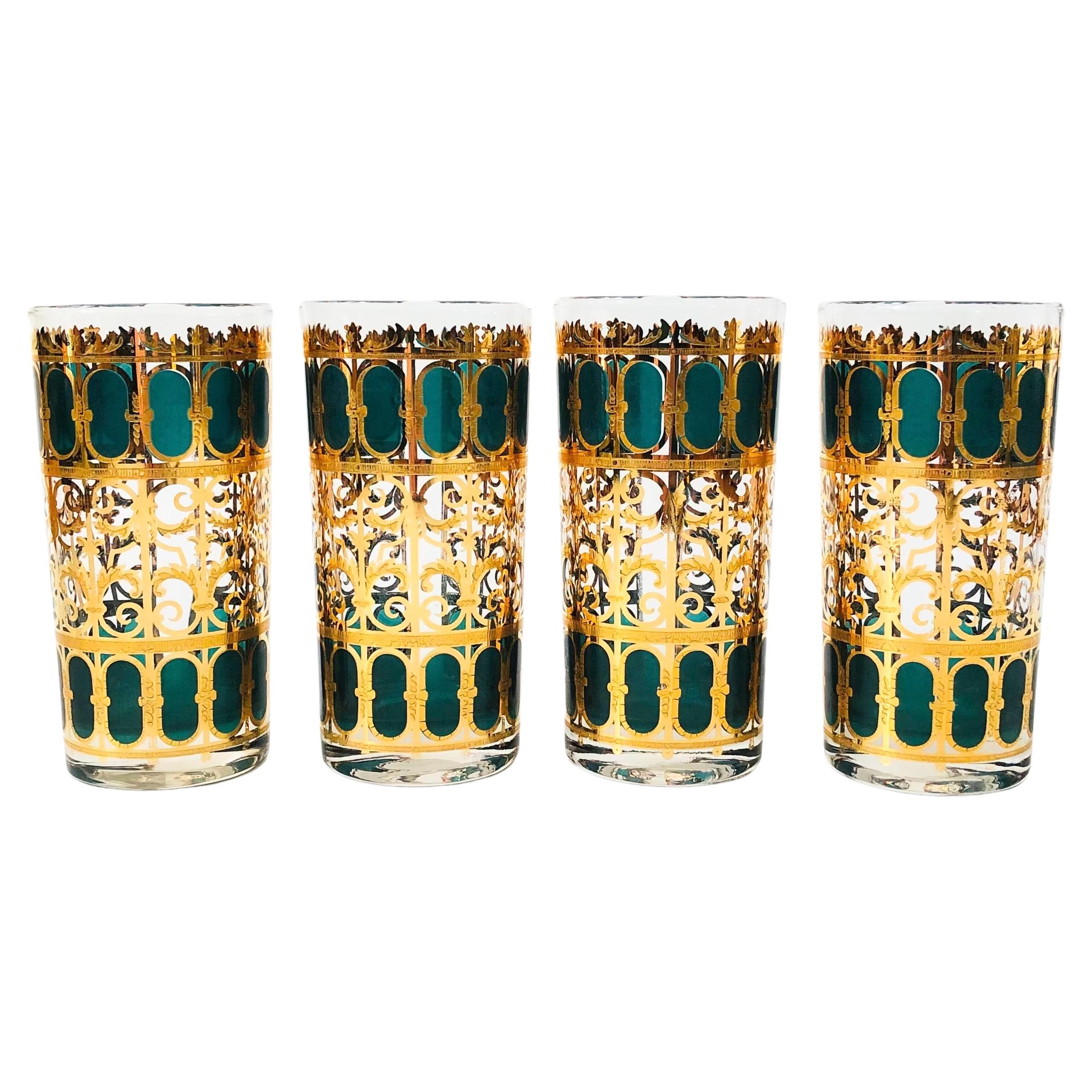 Mid Century Culver Emerald Scroll Highball Tumblers - Set of 4