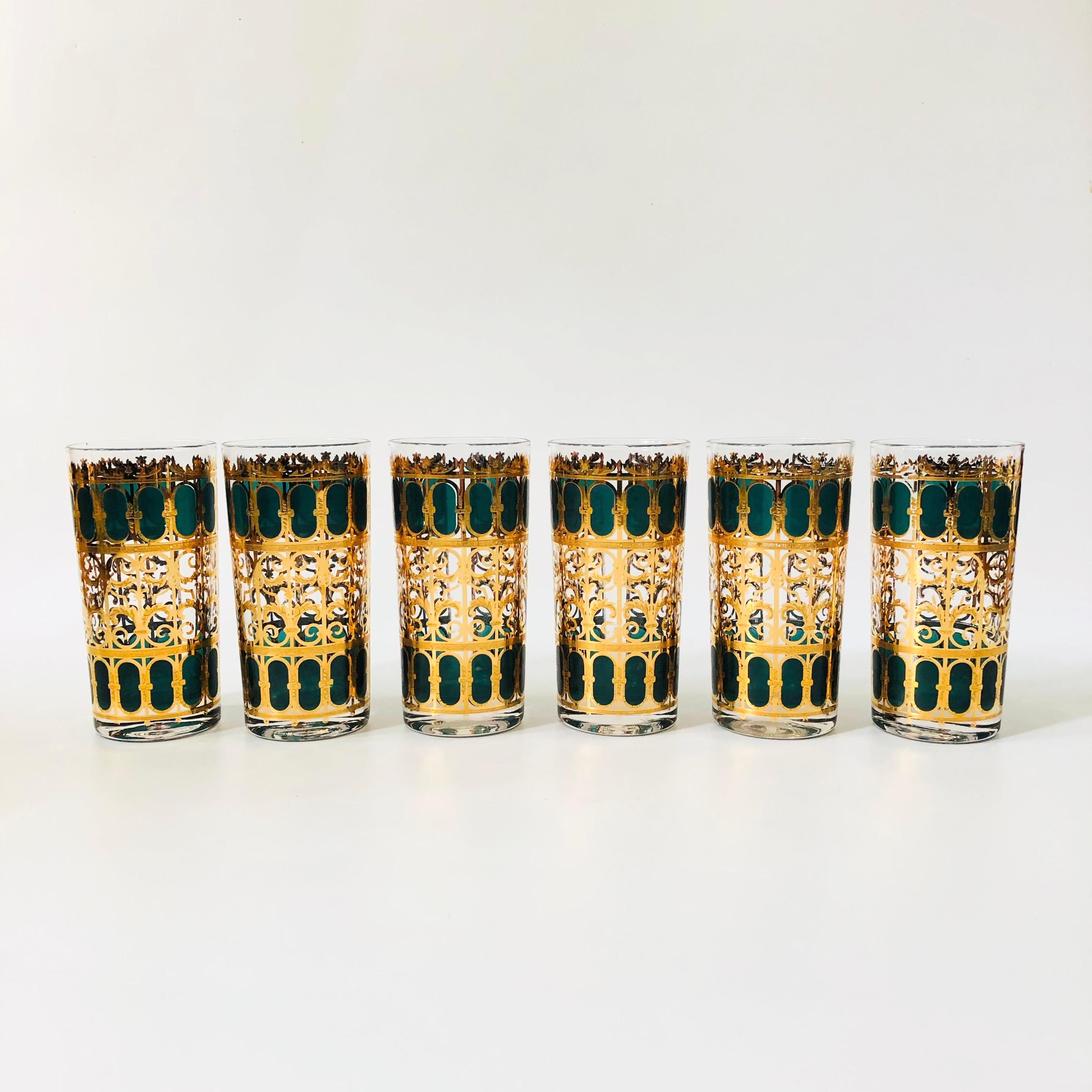 Glass Mid Century Culver Emerald Scroll Highball Tumblers - Set of 6