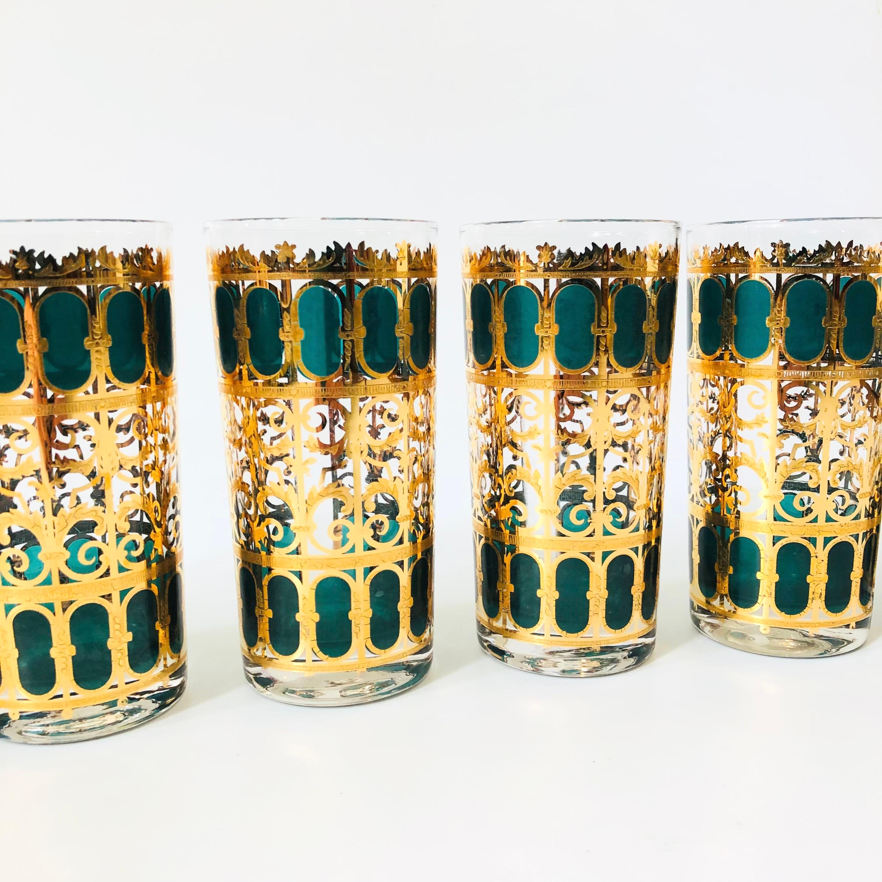 Mid Century Culver Emerald Scroll Highball Tumblers - Set of 6 1