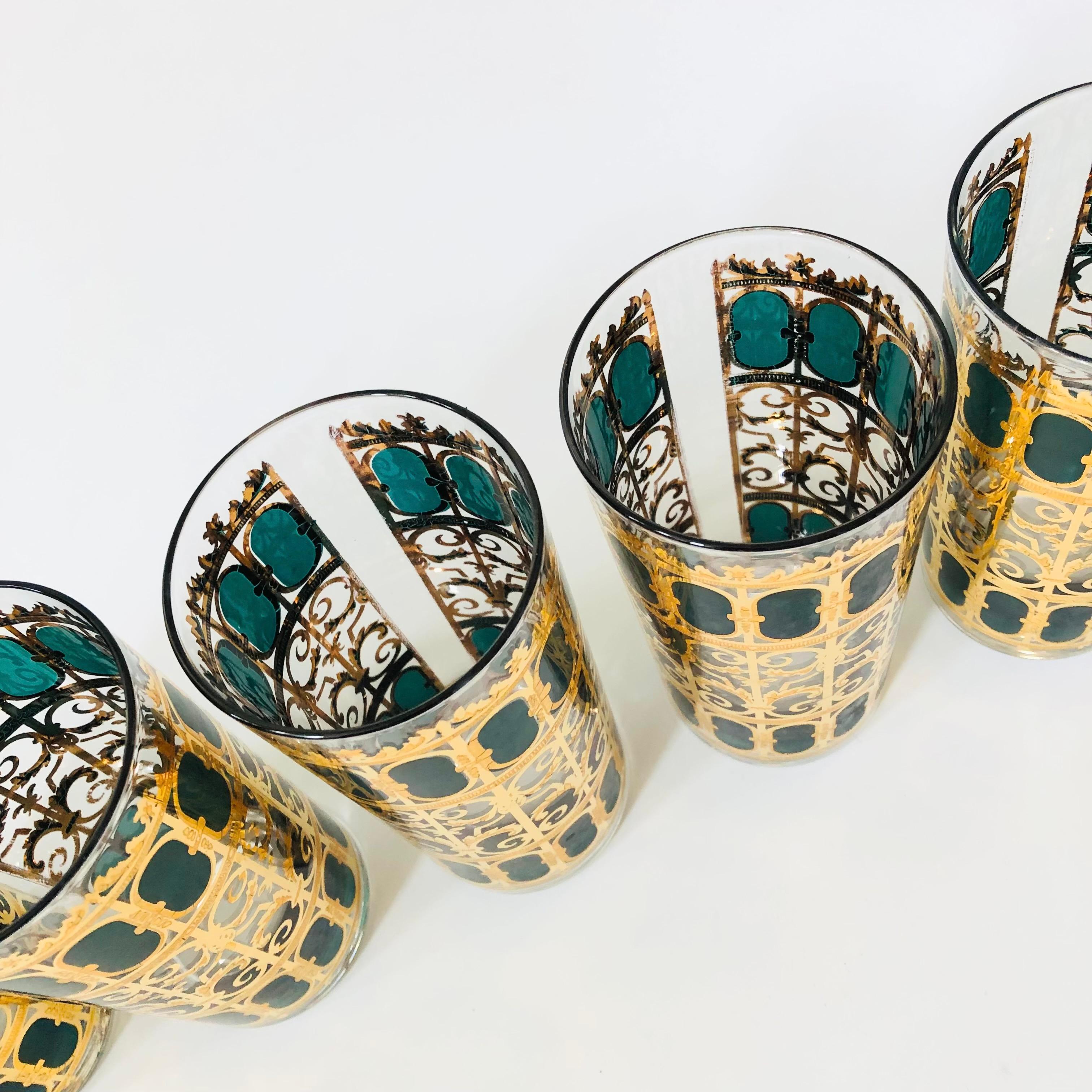 Mid Century Culver Emerald Scroll Highball Tumblers - Set of 6 2