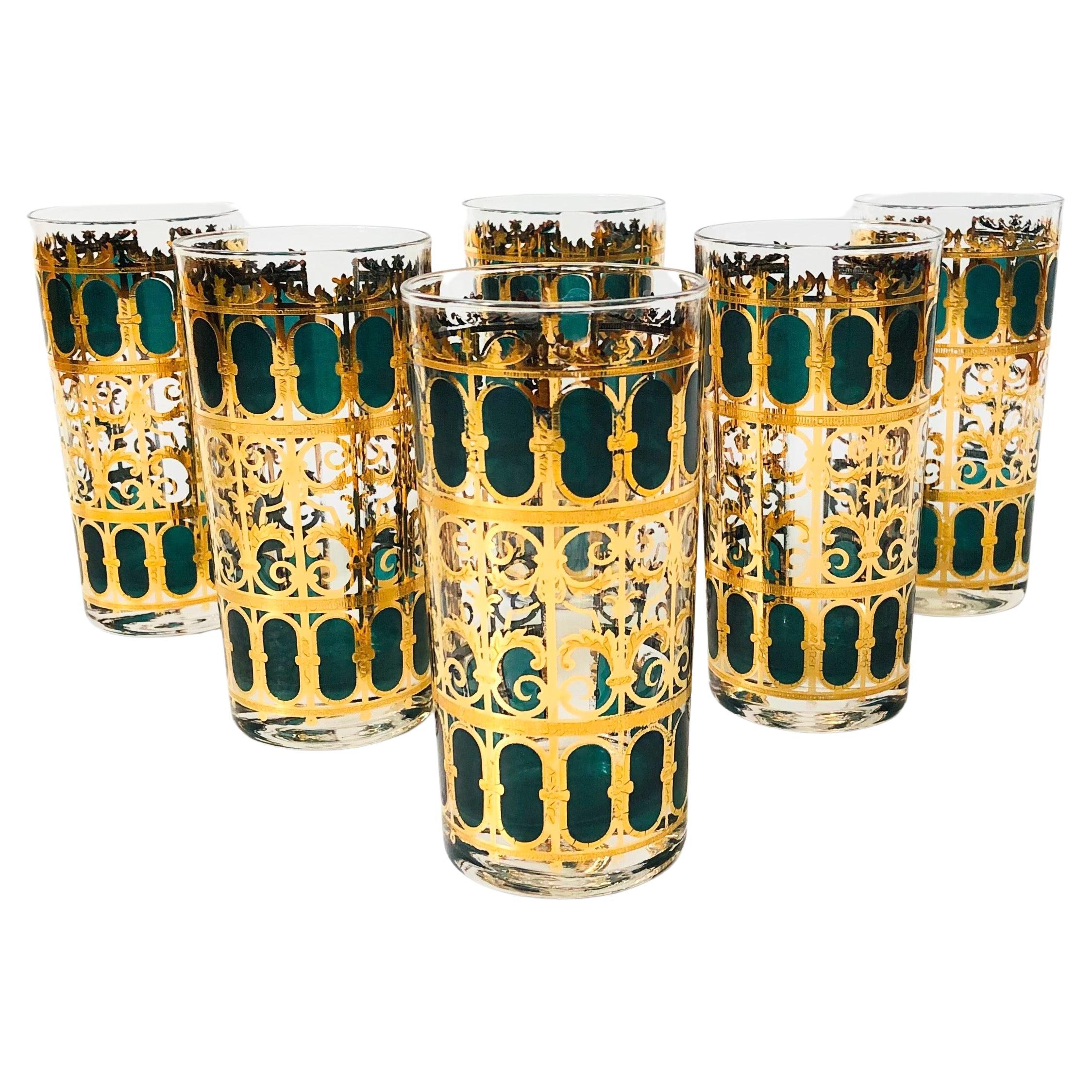 Mid Century Culver Emerald Scroll Highball Tumblers - Set of 6
