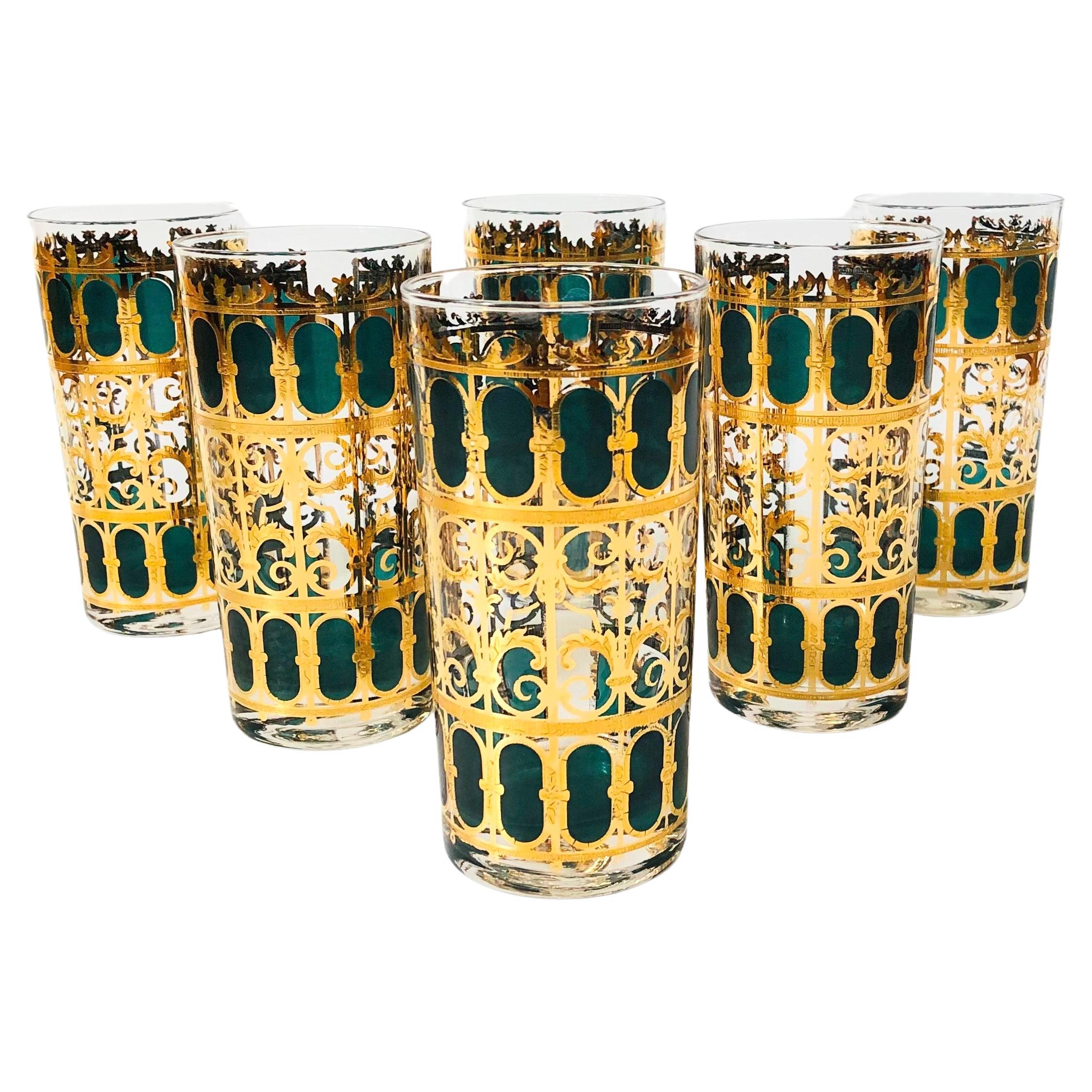 Mid Century Culver Emerald Scroll Highball Becher - Satz von 6