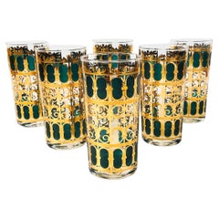 Vintage Mid Century Culver Emerald Scroll Highball Tumblers - Set of 6