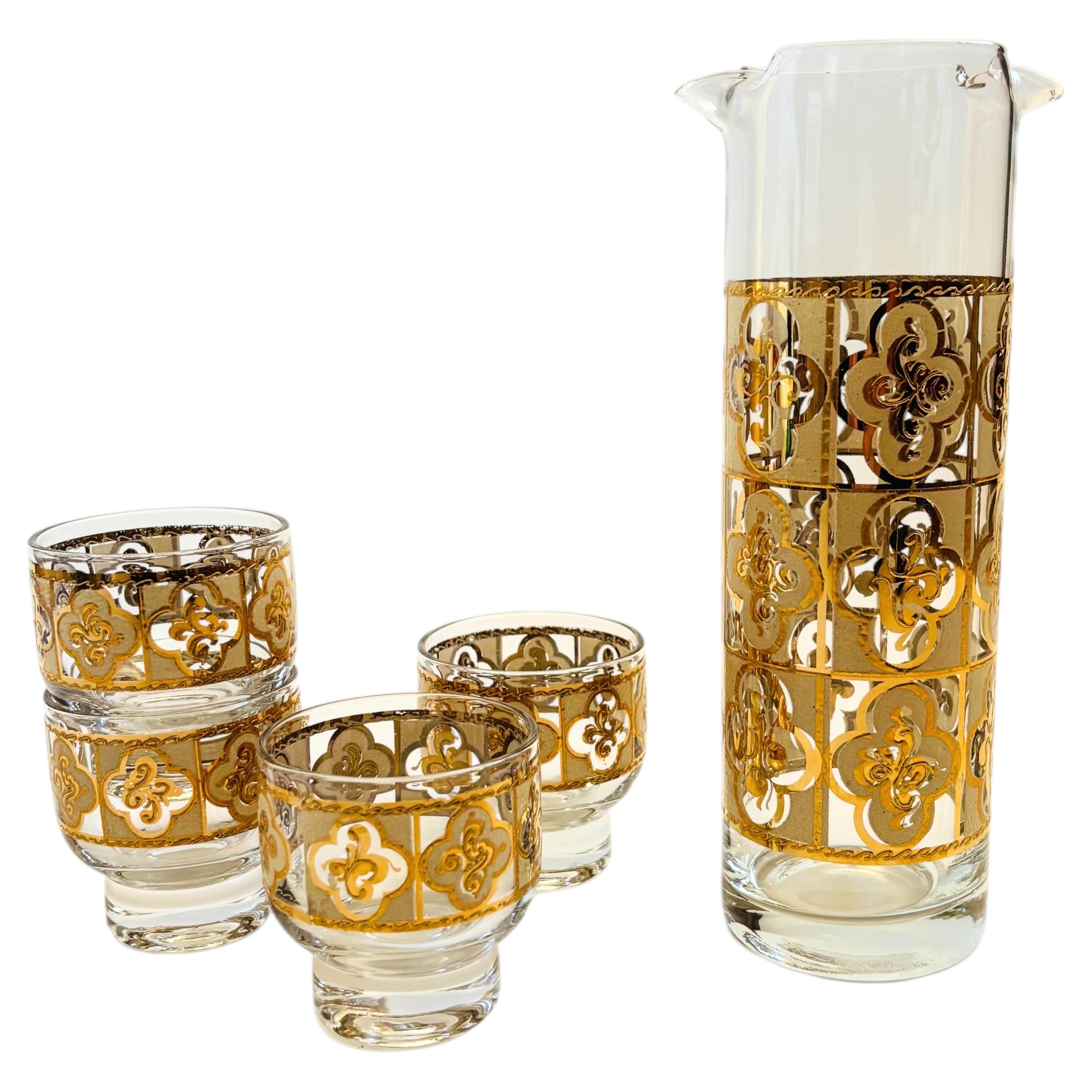 Mid Century Culver Pitcher and 4 Cordial Glasses For Sale