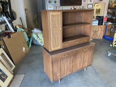 Midcentury Cupboard China Cabinet Shelf with Wicker Accents by Holman