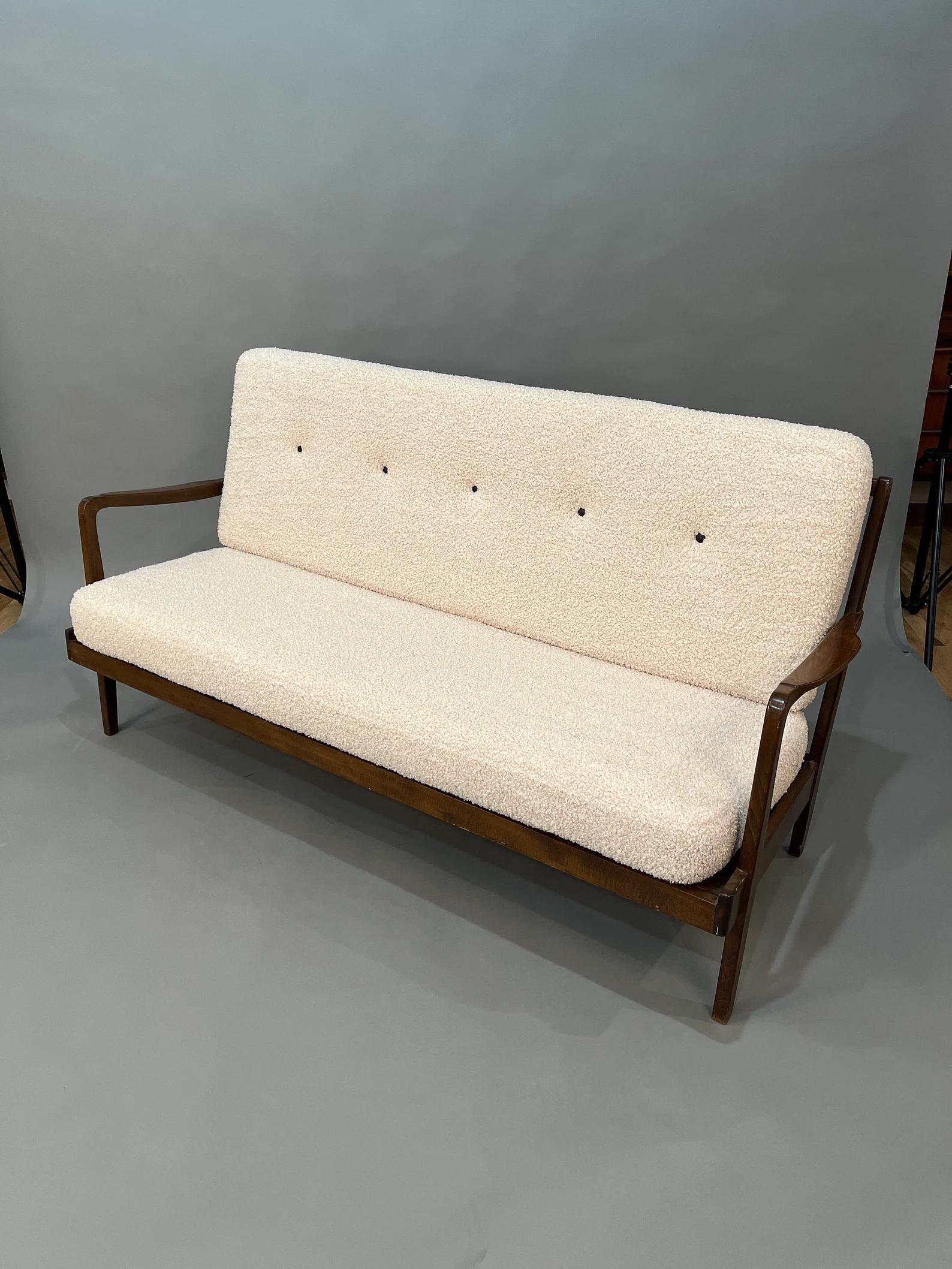 Danish Mid Century curated loveseat sofa with new boucle cushions For Sale