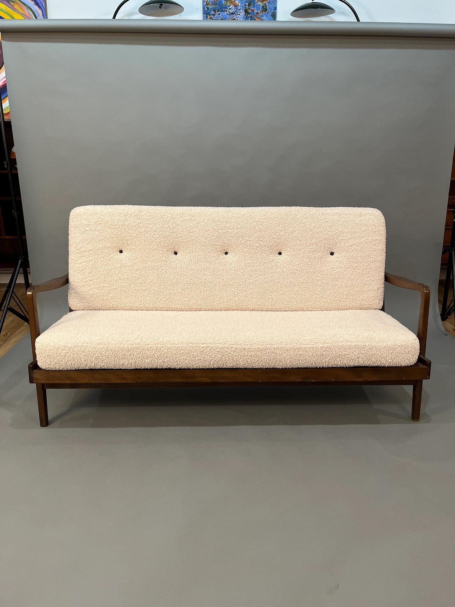 Mid Century curated loveseat sofa with new boucle cushions For Sale 1
