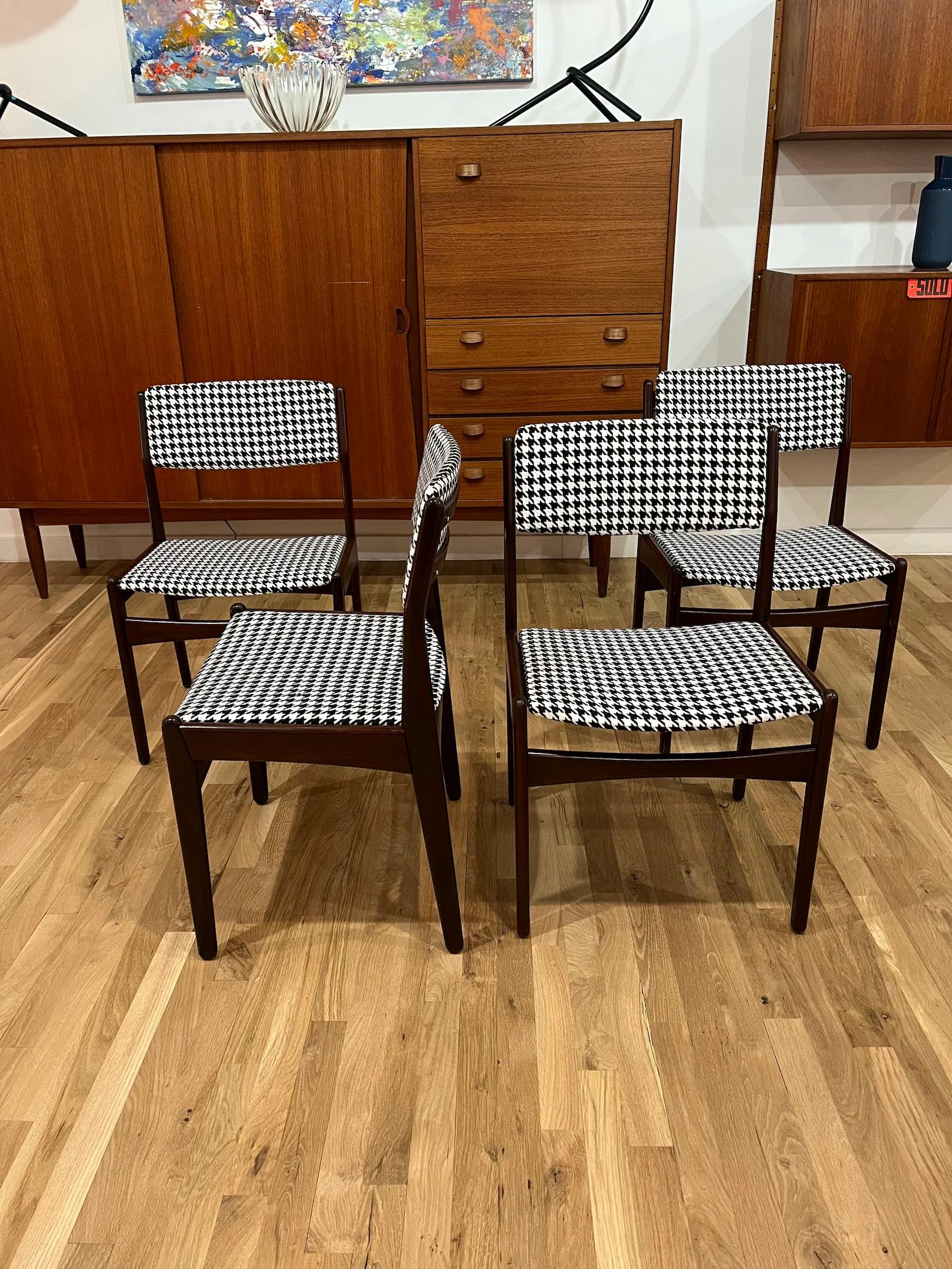 Danish Midcentury Curated Rosewood Dining Chairs with New Houndstooth Upholster Set 0f For Sale