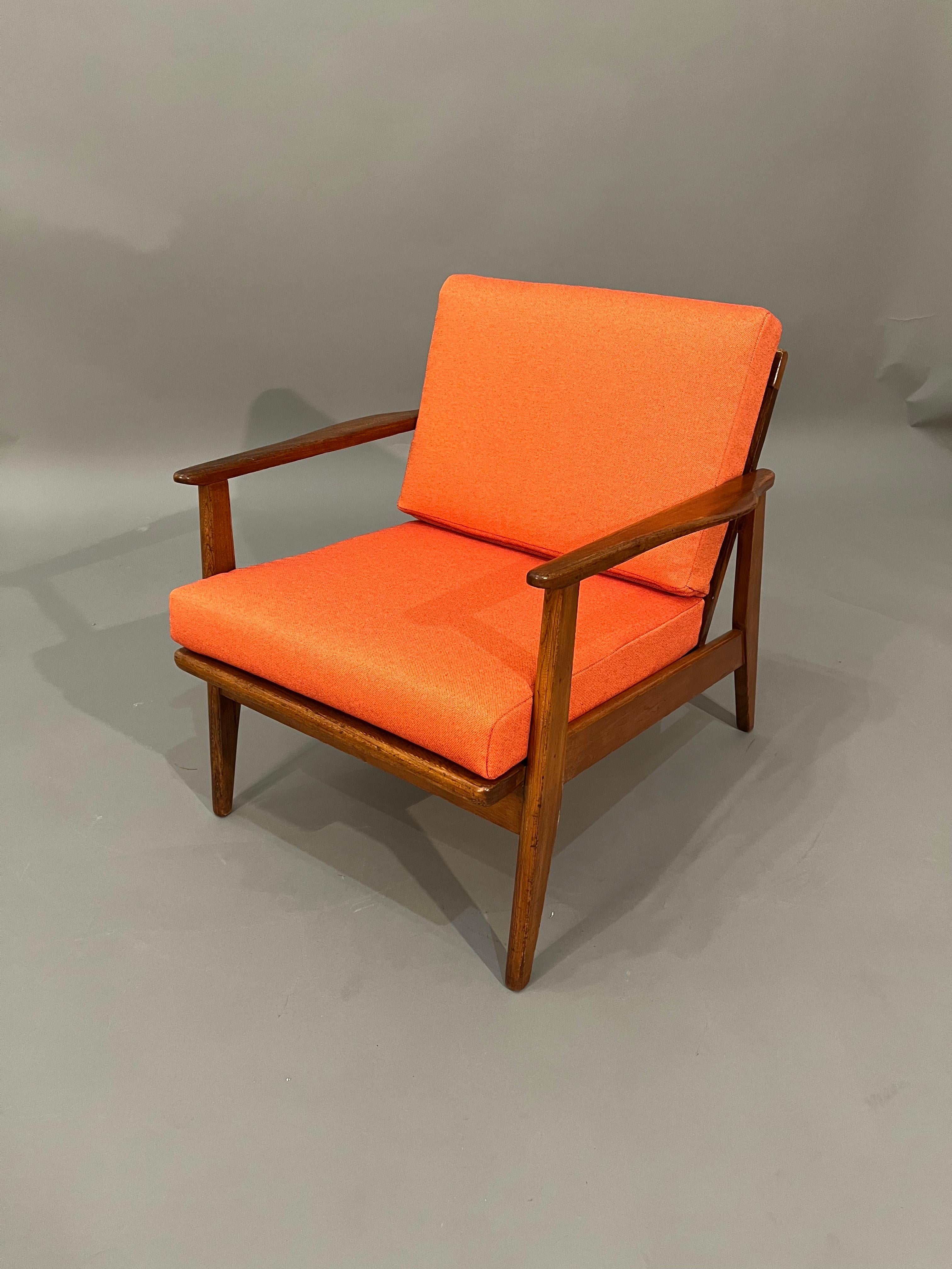 Mid-century, curated, walnut arm lounge chair 1960s Circa completely restored with new cushions with tweeted orange fabric.

Arm to arm: 25” inches 
Interior depth: 20” inches 
Cushions thickness: 3.5” inches 
Seat hight: 16” inches 
Arms