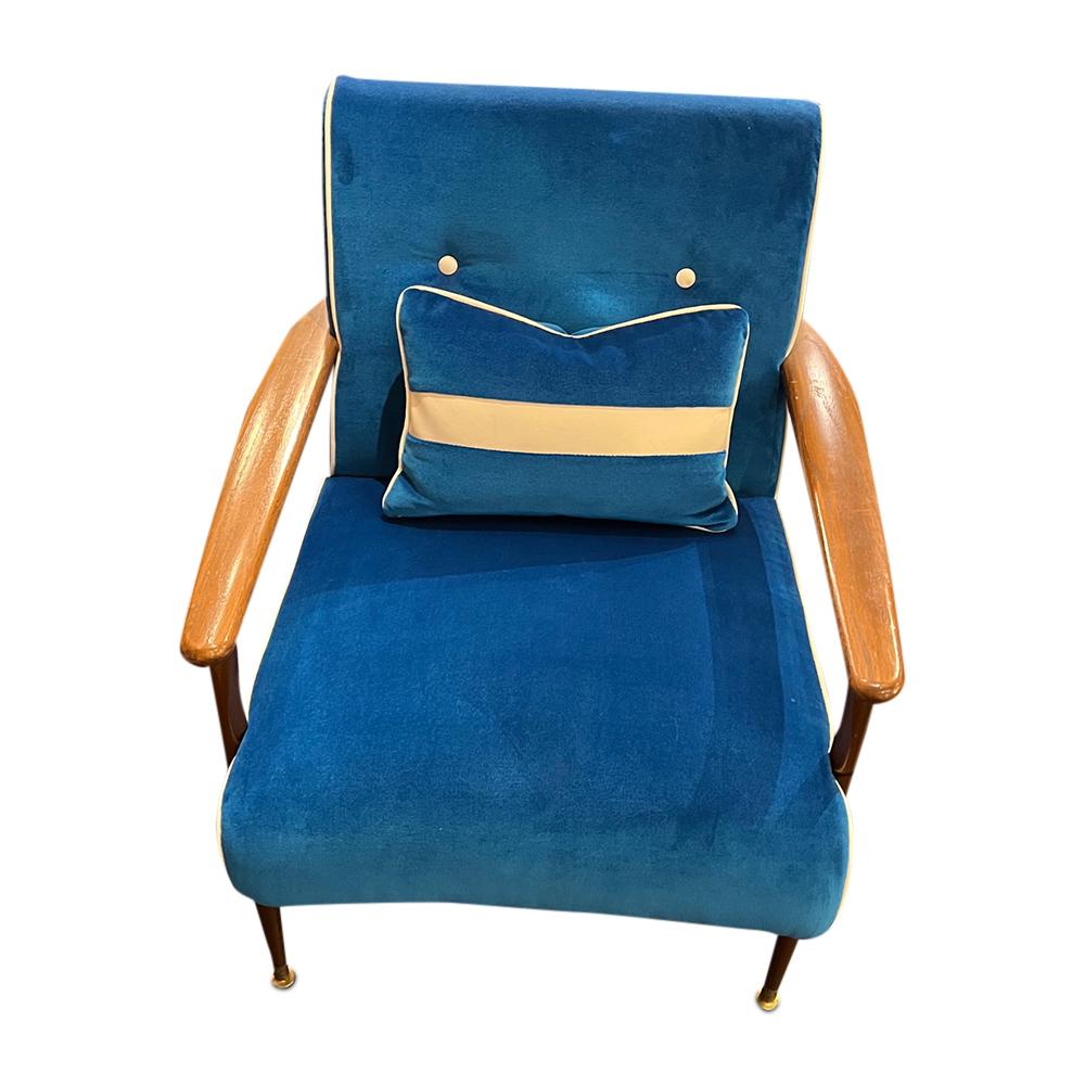 Mid-Century Modern Mid-Century Curated wood and metal lounge arm chair when you blue bright velvet