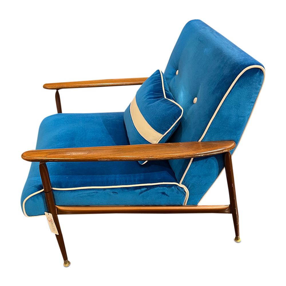 European Mid-Century Curated wood and metal lounge arm chair when you blue bright velvet