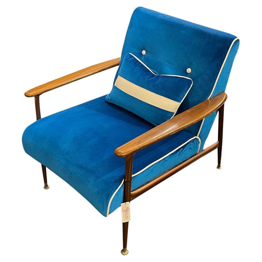 Mid-Century Curated wood and metal lounge arm chair when you blue bright velvet