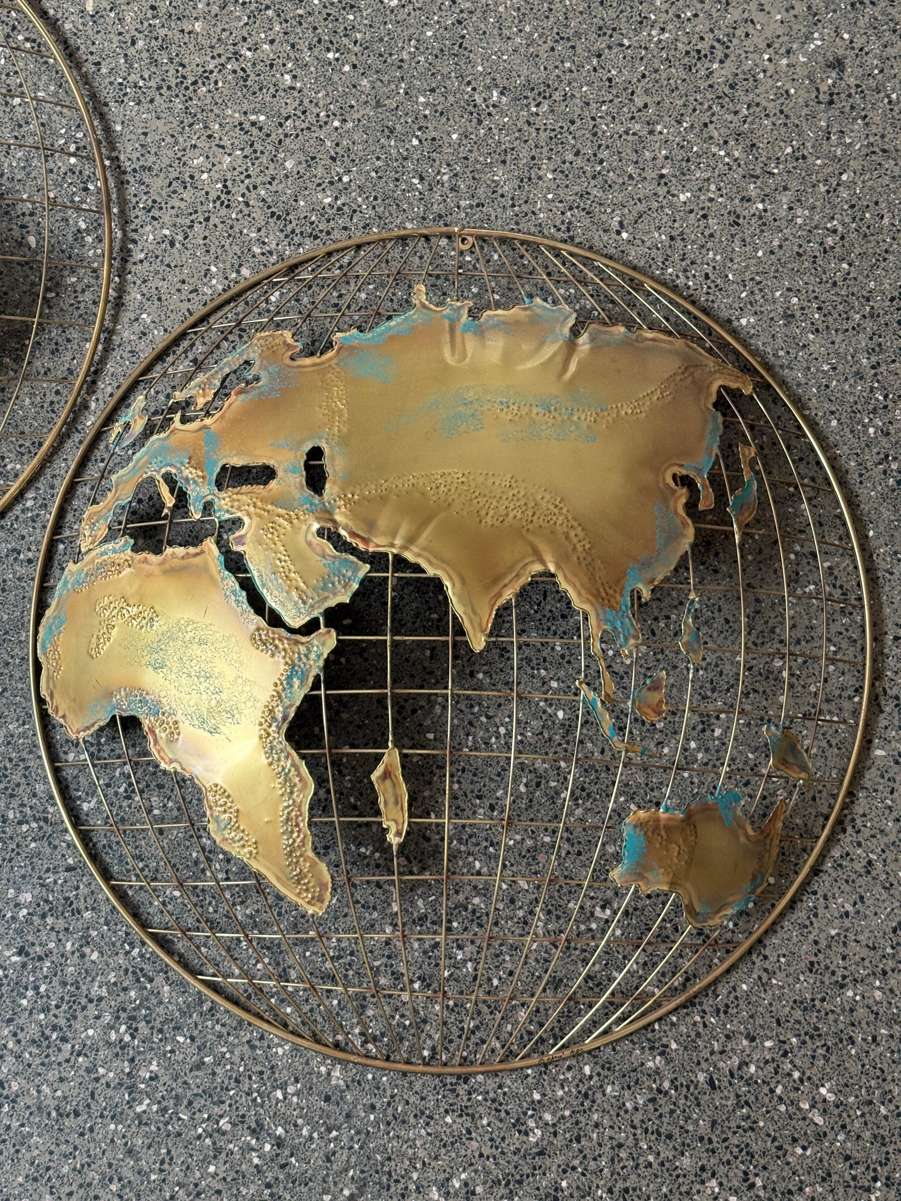 Mid-Century Modern Mid-Century Curtis Jere Brass Map Wall Sculptures - a Pair For Sale