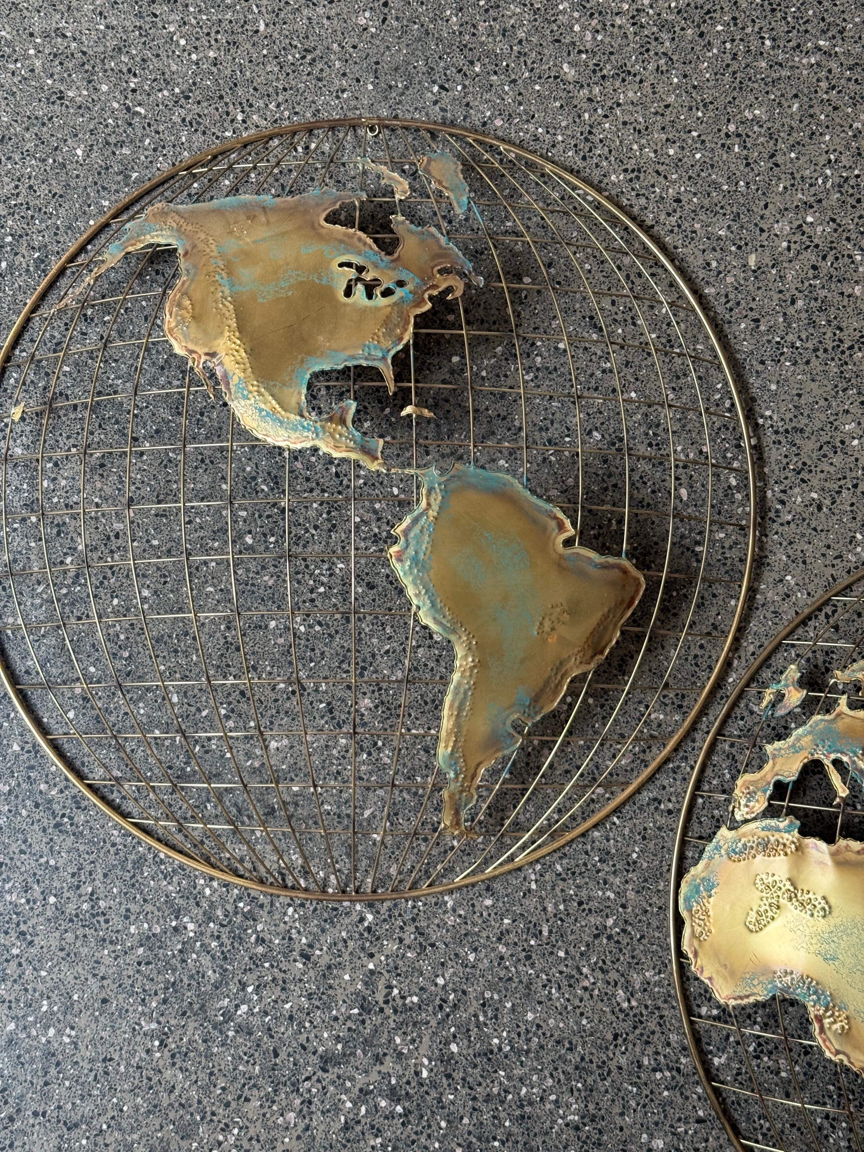 Mid-Century Curtis Jere Brass Map Wall Sculptures - a Pair In Good Condition For Sale In Raleigh, NC