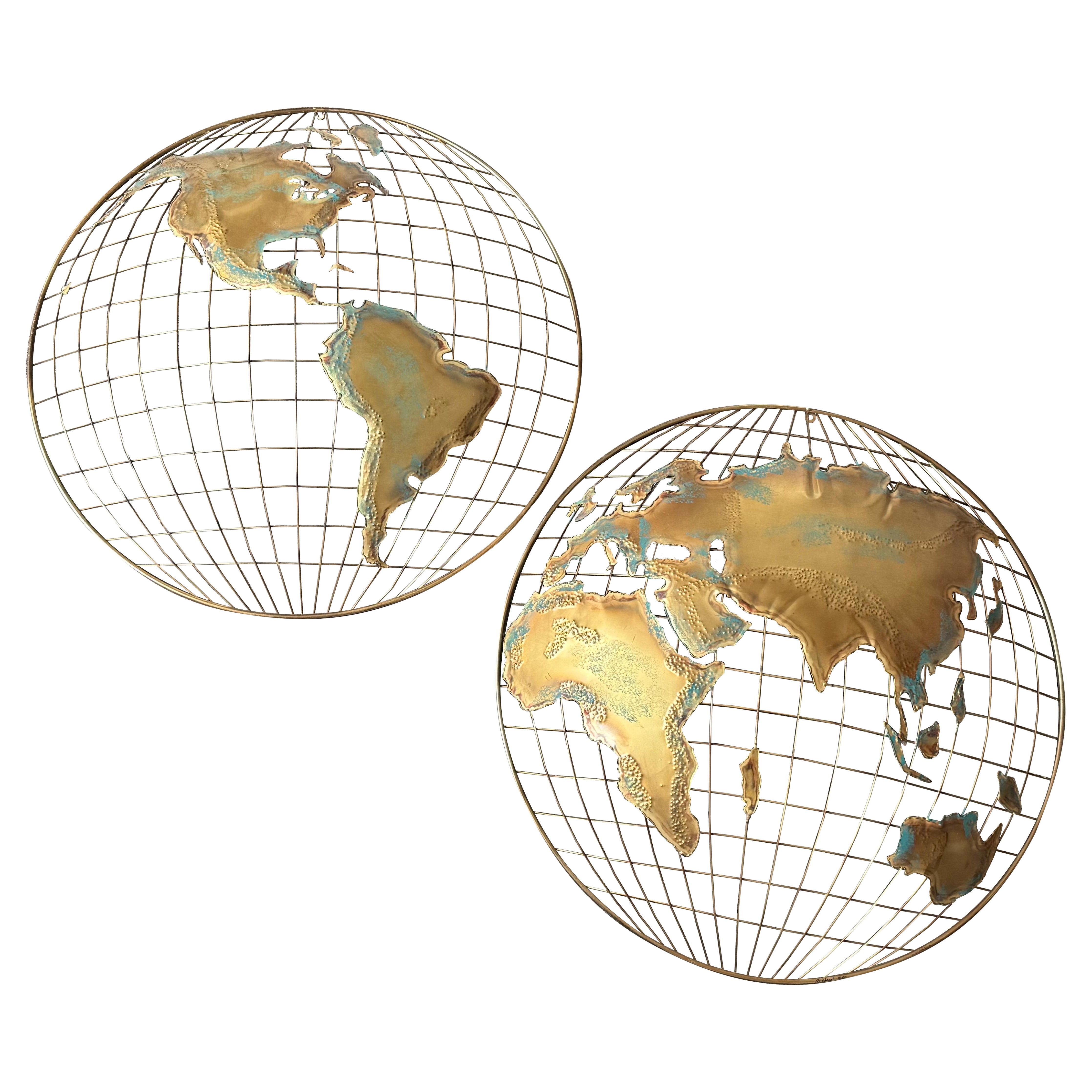 Mid-Century Curtis Jere Brass Map Wall Sculptures - a Pair For Sale