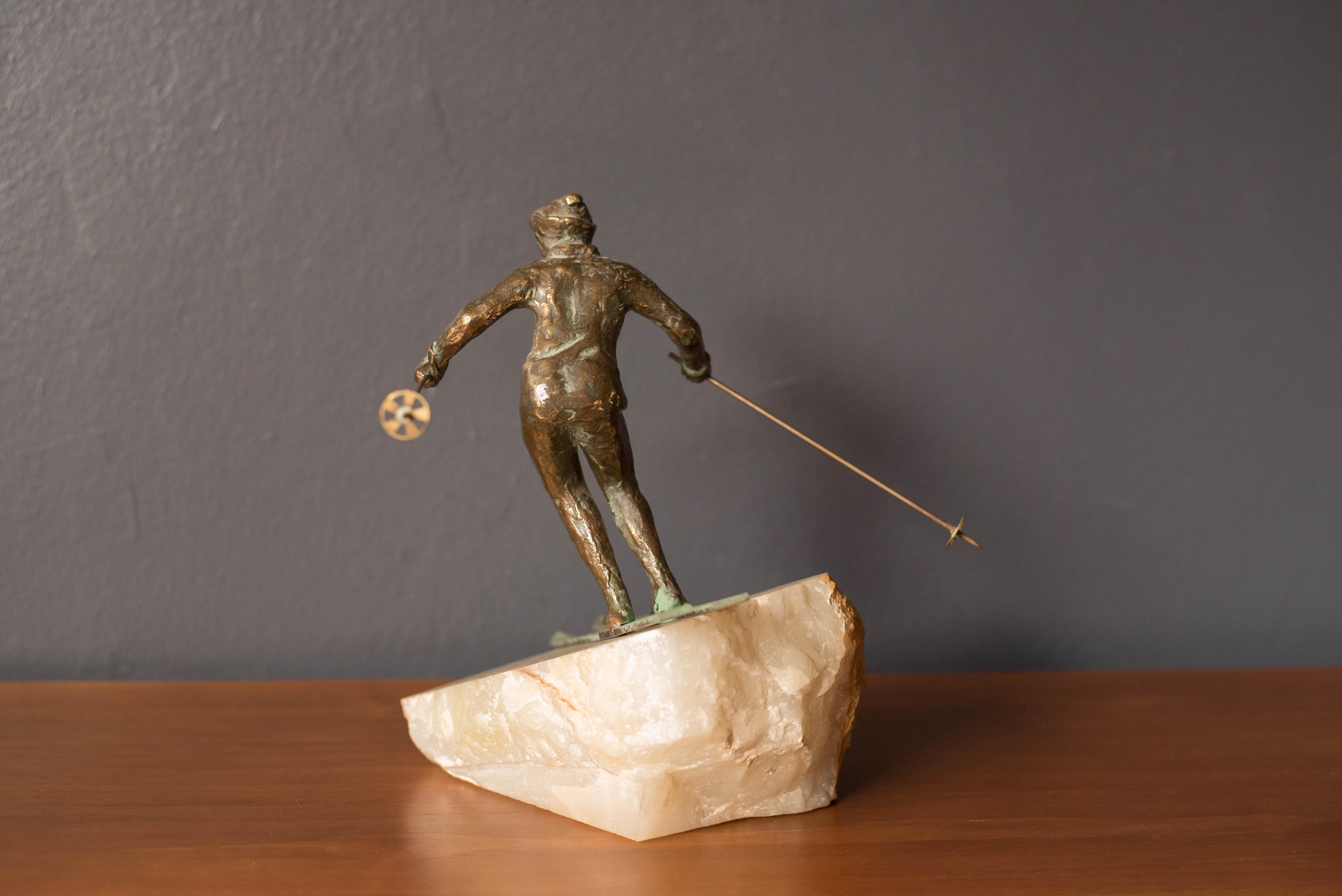 Mid Century Curtis Jere Bronze Skier Sculpture on Stone for Artisan House In Good Condition In San Jose, CA