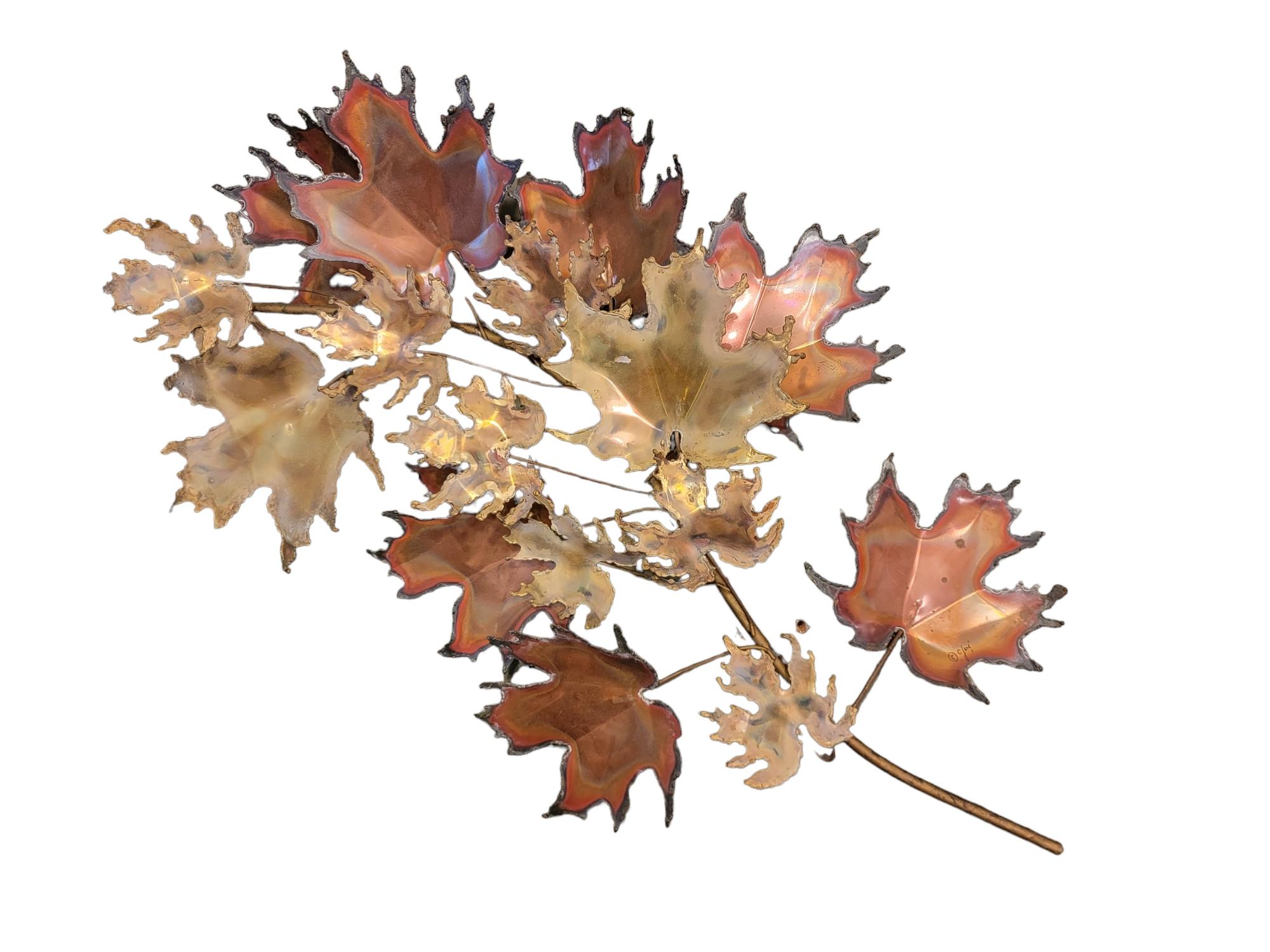 Wonderful Fall color wall mounted Curtis Jere Branch With Leaves sculpture. Great for an all year round wall art piece especially for the fall season. Wonderful colors on the copper polished and shined to show a wonderful glare. 
