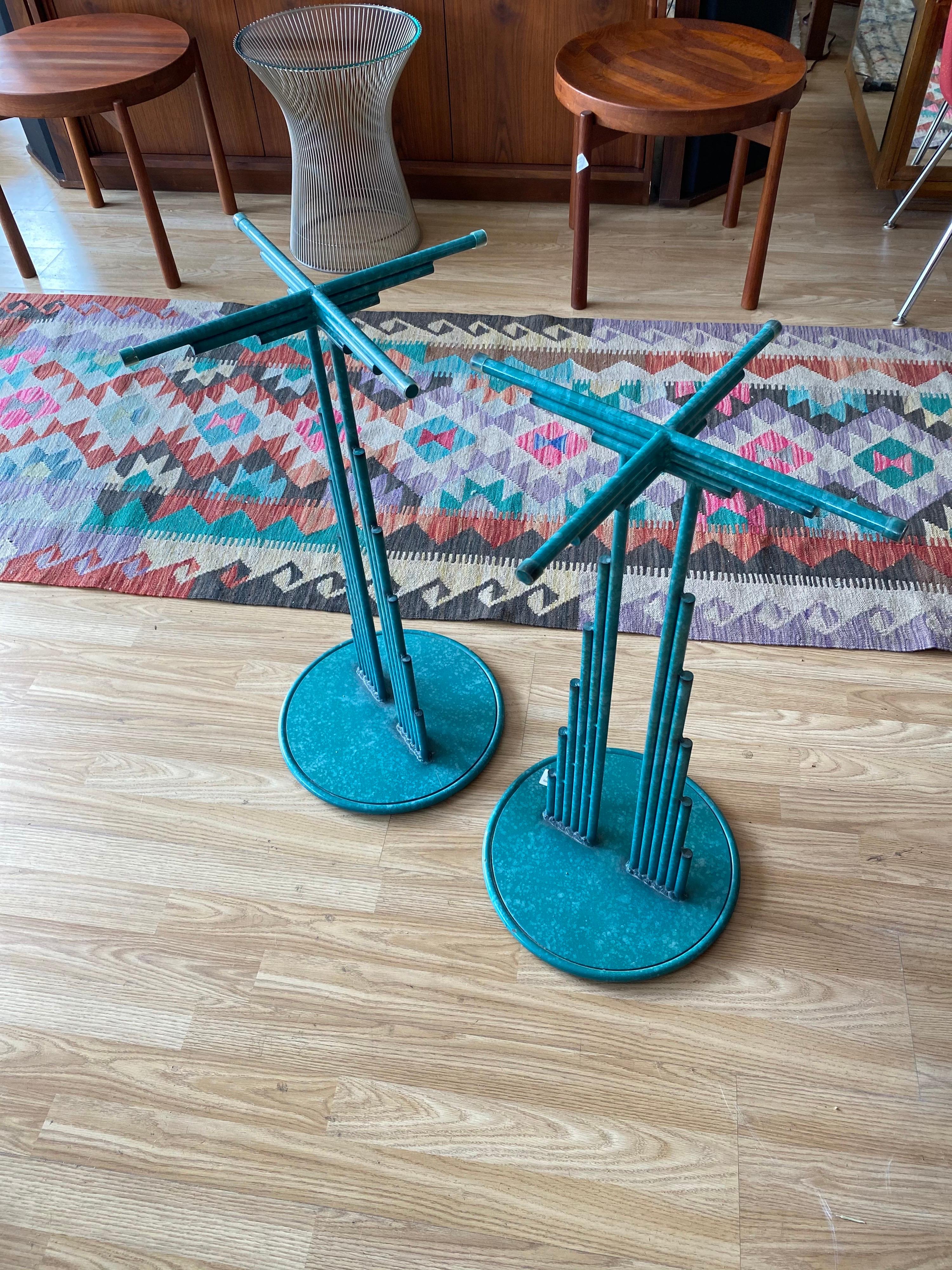 Stunning and rare mid-century modern side table stands or pedestals designed by Curtis Jere. These bright turquoise vintage side table stands can be used with a small top on each Stand or a long top to create a console. These mid-century side tables