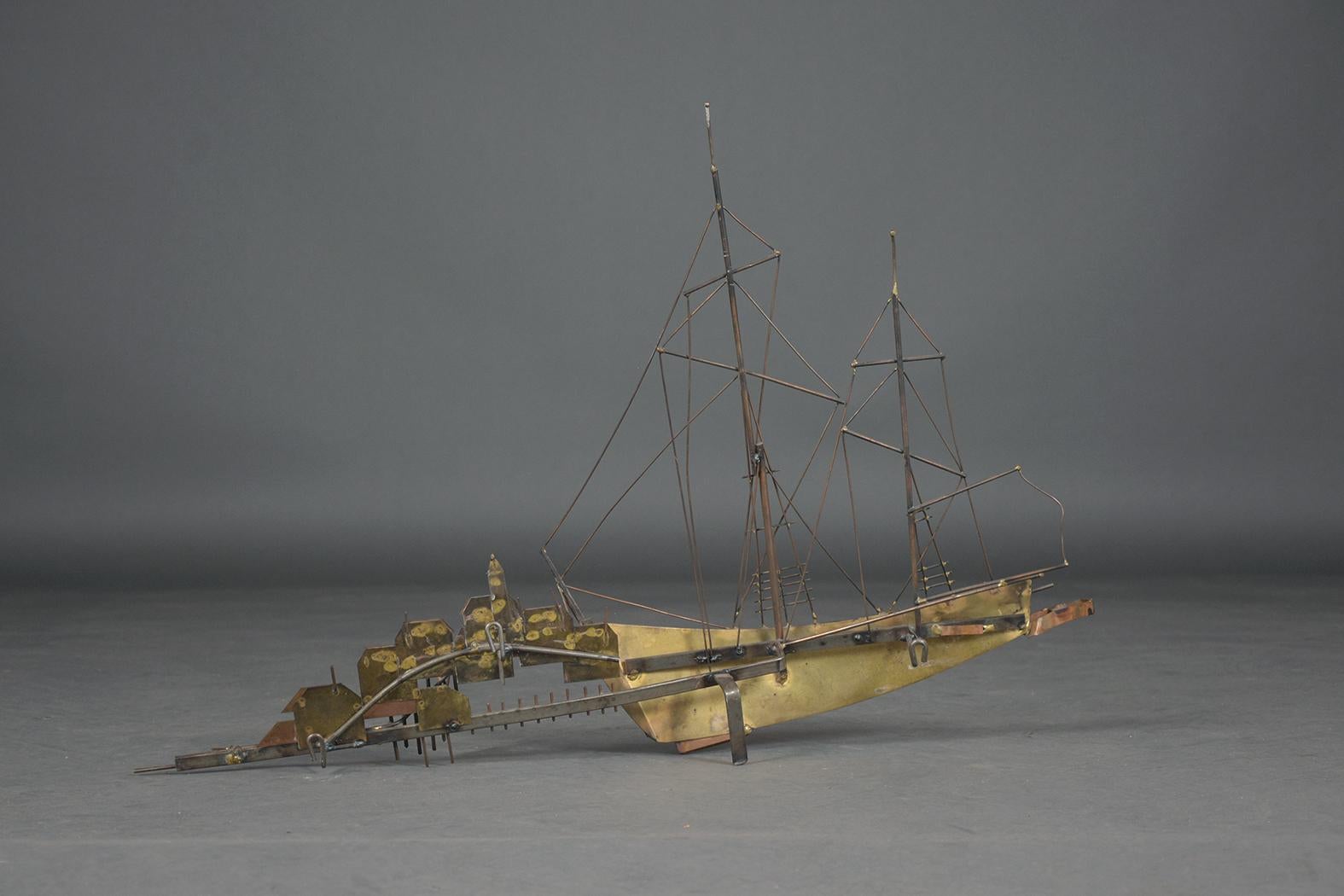 Curtis Jere Signed Brutalist Mid-Century Brass Ship Wall Sculpture For Sale 3