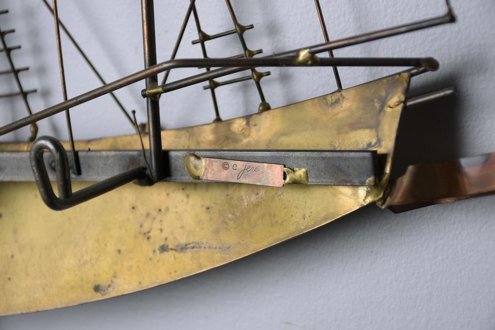 Curtis Jere Signed Brutalist Mid-Century Brass Ship Wall Sculpture For Sale 5